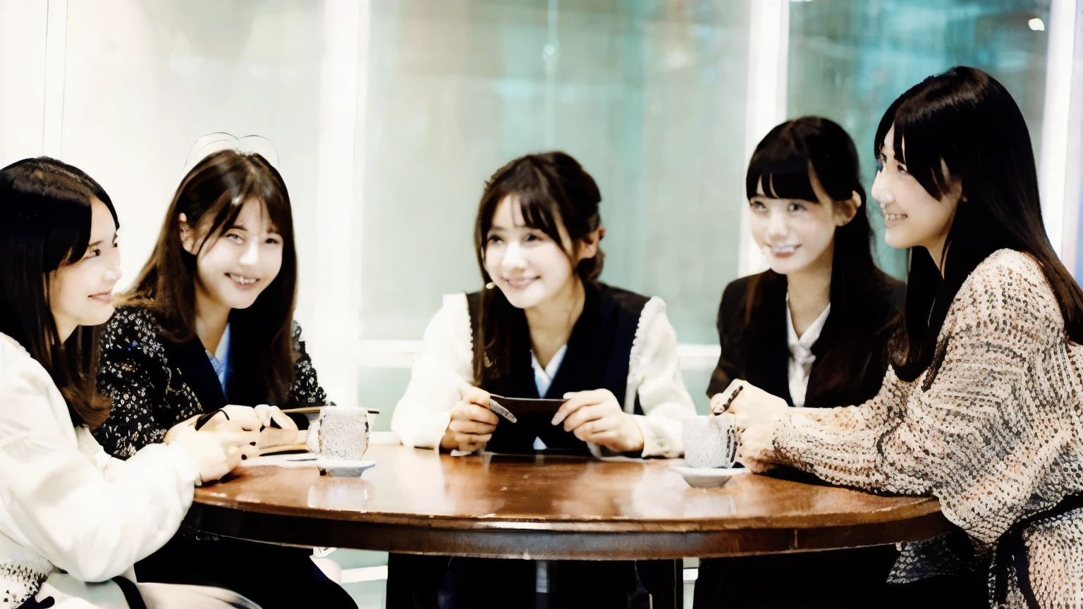 10 young and pretty Japanese women,round table,have a book