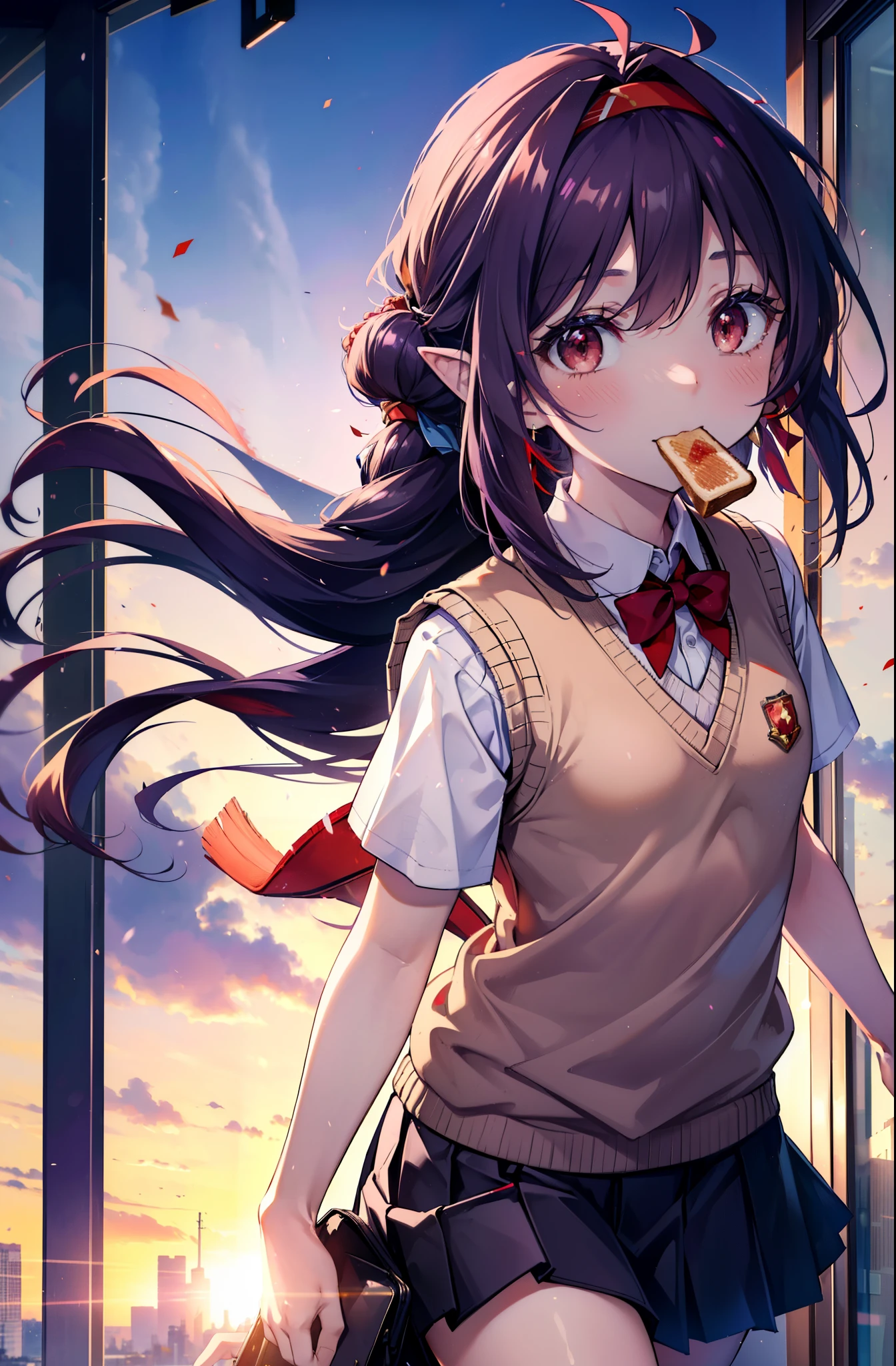 yuukikonno, Yuki Konno, hair band, Long Hair, Pointy Ears, Purple Hair, (Red eyes:1.5), (Small breasts:1.2), smile,White Y-shirt,Sweater vest, (紫色 Sweater vest:1.5),,Short sleeve,Purple pleated skirt,black tights,Brown Loafers,Toast in the mouth, running, City Street,morning,morning日,sunrise,A girl running,
break looking at viewer, Upper Body, whole body,
break outdoors, Residential area crowd, people々々,
break (masterpiece:1.2), highest quality, High resolution, unity 8k wallpaper, (shape:0.8), (Fine and beautiful eyes:1.6), Highly detailed face, Perfect lighting, Highly detailed CG, (Perfect hands, Perfect Anatomy),