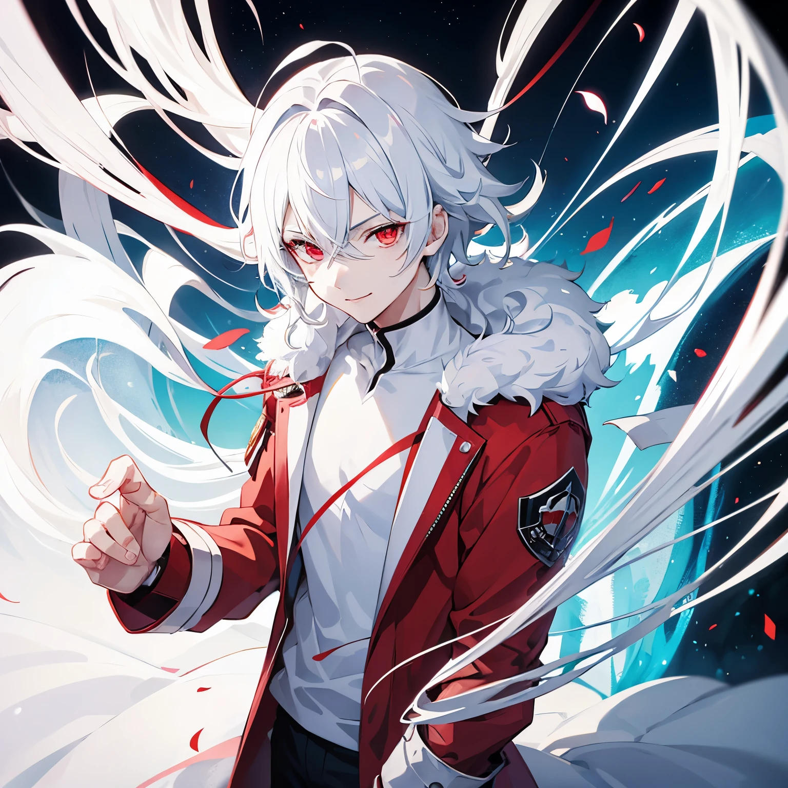 high resolution,Anime boy with white hair and red eyes staring at camera, Glowing red eyes,slim, dressed in a blue jacket, White shirt,Shadow Body,White skin,monochromes,hair messy,Aggressive smile,Diagonal angle