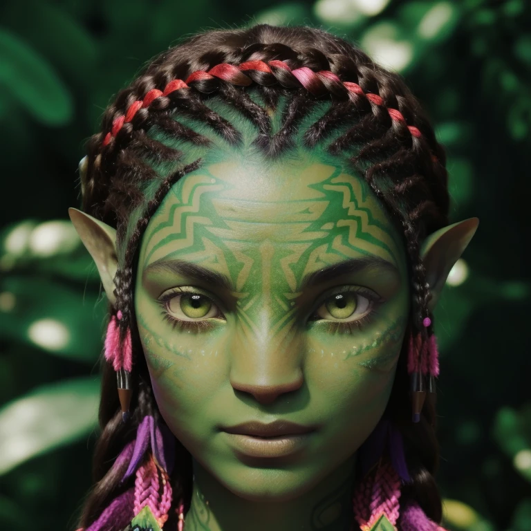 avatar style, (face portrait:1.6), naavi, 1girl, female, (silver eyes), (big eyes), ((eyebrowless)), pointy ears, (forest green skin tone:1.0), (curly hair:1.0), black hair color, ((braid)), ((hair with bangs)), (young adult), 18 years old, face wrinkles, wearing colorful tribal clothing, (wearing tribal acessories), detailed eyes, toned body, muscled body, vibrant colors, glowing, ethereal atmosphere, surrealistic dreamy lighting, textured skin, otherworldly beauty, mesmerizing photography, (best quality, highres), vivid colors, ultrarealistic, skin details, striped skin, sfw, face close-up:0.5, ultradetailed body, ((green skin)), ((photo of iza woman)), Brazilian Native