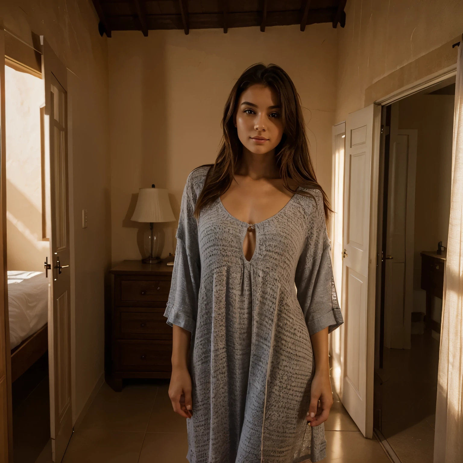 a 23 years old beautiful women looking at the camera, 1 girl, morning wake up, happy, sexy, she is wearing a loose big shirt as a night dress, standing, morning light, bright, villa, beautiful hair, confident, capture to thighs, 50 mm lense,