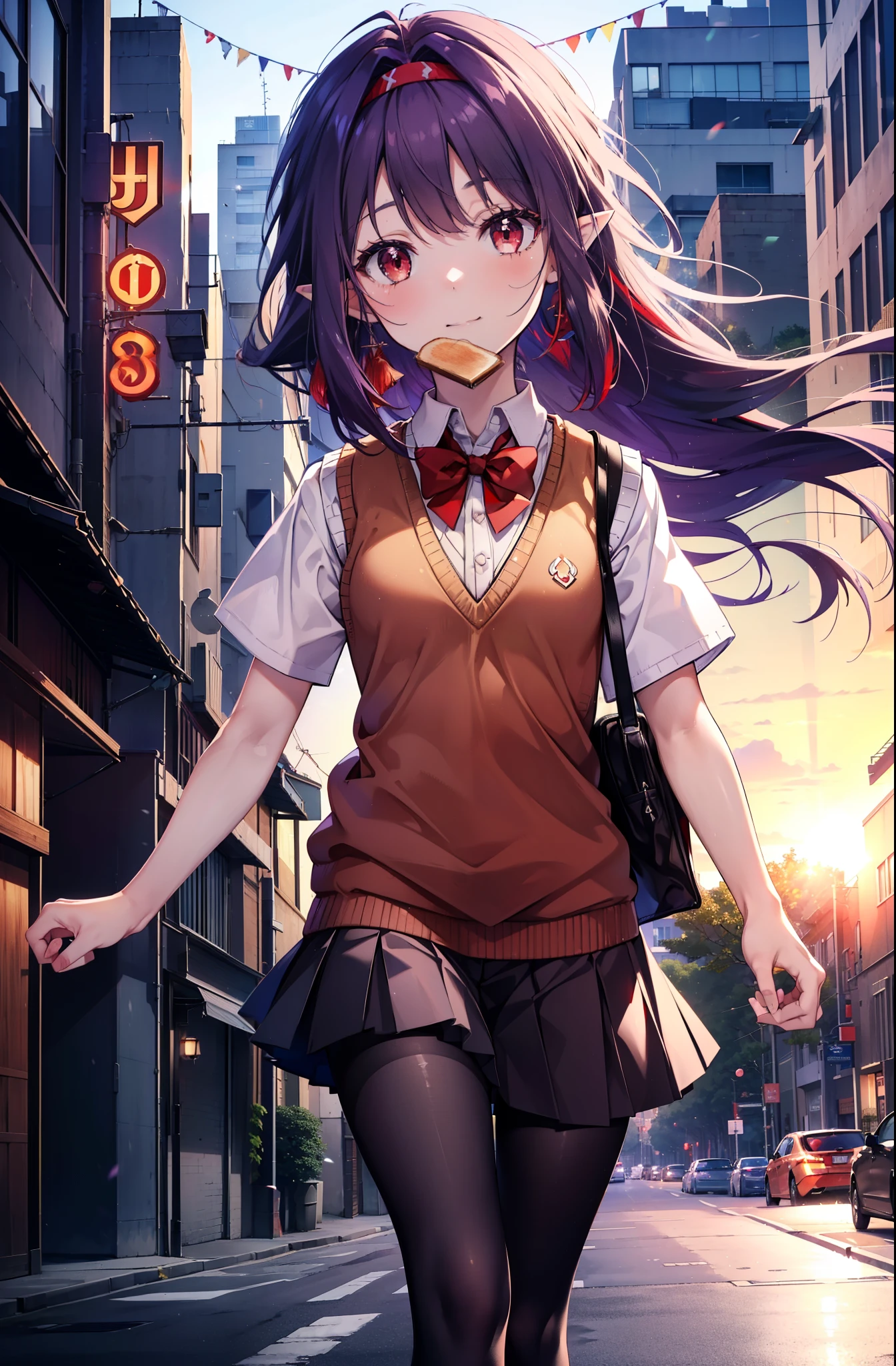 yuukikonno, Yuki Konno, hair band, Long Hair, Pointy Ears, Purple Hair, (Red eyes:1.5), (Small breasts:1.2), smile,White Y-shirt,Sweater vest, (紫色 Sweater vest:1.5),,Short sleeve,Purple pleated skirt,black tights,Brown Loafers,Toast in the mouth, running, City Street,morning,morning日,sunrise,A girl running,
break looking at viewer, Upper Body, whole body,
break outdoors, Residential area crowd, people々々,
break (masterpiece:1.2), highest quality, High resolution, unity 8k wallpaper, (shape:0.8), (Fine and beautiful eyes:1.6), Highly detailed face, Perfect lighting, Highly detailed CG, (Perfect hands, Perfect Anatomy),