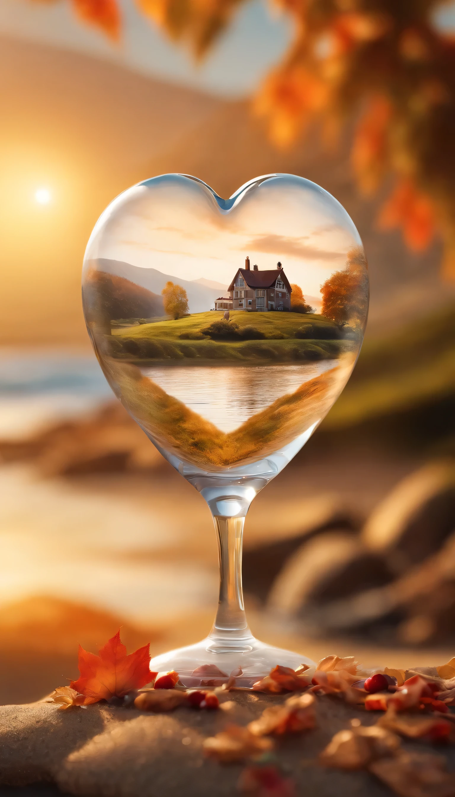 Glass heart double exposure on surfboard beta ra, Soak up the soft and romantic atmosphere. Create vivid effects using double exposure techniques, dynamic picture. Inside the glass heart, Imagine a beautiful summer landscape,In a vibrant summer sunset,There is a picturesque summer cottage in front of the beach,The waves lapping against the sand, All produced using Tilt-Shift photography technology, 3D effects and sharp contrasts. around the glass heart, The atmosphere should resonate with love and romance, Soft tones and warm lighting create a charming and inviting environment. Ensure that the autumn landscape and charming cottage within the glass heart have a vivid and detailed appearance, Create a quiet and romantic environment,Blending with the gentle and romantic environment.
Necessary for this purpose: alchemy, Hint Magic V3, PhotoReal 或 DreamShaperV7