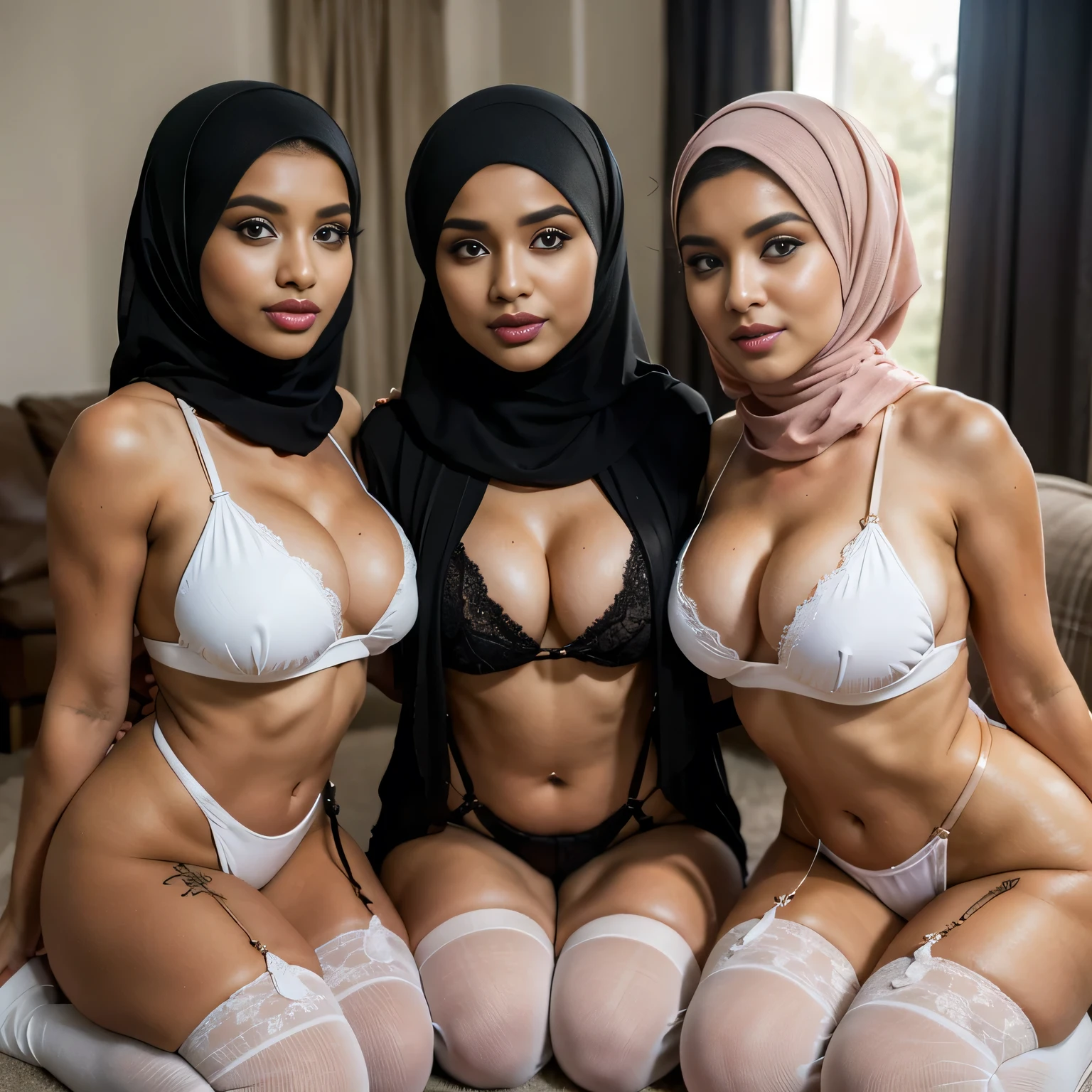 (((Multiple 2:two sexy Hijab women lesbians in posing on a bed))) (((HIJAB:HIJAB:1.5 Malaysian girls group))) (((wearing a Sexy belt design by LV))), Perfect skin face, The whole body consists of a young girl with hijab, Eye makeup, 21yo, (((Cat ears,Cat's paw badge, wearing an anal fox tails))), Soft lighting, groups, Wear shabby clothes, Dirty, Tattered futuristic military uniform, Pose, spot color, rendering by octane, Ultra-realistic intricate details, Cinematic, 8K resolution, emphasis lightings, (((Huge breast:1.5)))(((FULL BODY NAKED & NUDE))) Setting background: Luxury apartments Basquiat graffiti wall background,Graffiti artist, The bedroom has windows. Through the bedroom's windows the colorful, very detailed, and beautifully complex cyberpunk cityscape is visible. The image should be dynamic and compelling and realistic. (((masterpiece))), (((best quality))), ((ultra-detailed)),(highly detailed CG illustration). Art by Mschiffer (((Setting: a woman full Naked and nude))) (((Sexy smile as prostitute porn star))), (((Full body model pose))) (((Red lips))) (((only: pubic hair is hairy:1.3))) bride very fit physique (38D breast:1.3) , (((Woman with hijab style, hijab prostitute)), (lace stockings), (((Wearing: diamond necklace and earrings))). RAW photo, full sharp, detailed face (high detailed skin:1.2), 8k uhd (extremely beautiful face, sexy lips, beautiful red lips, Clear eyes, beautiful eyes), (big green eyes), pretty girl, face forward, intricate detail face, ((ultra detailed skin)) (skin texture, film grain), Detailed beautiful face, natural tpose, natural facial expression, (((Straight breasts))), Surreal full-body figure, Beautiful and delicate body and face, gorgeous figure, ssmile, Titillating，Surreal full-body figure，Beautiful and detailed body and face, Super vista, White skin of the, vivd colour,🔥8k, masterpiece, RAW photo, best quality, (18k detail:1.2), photorealistic, extremely, deep shadow, earrings, bracelets, necklace,