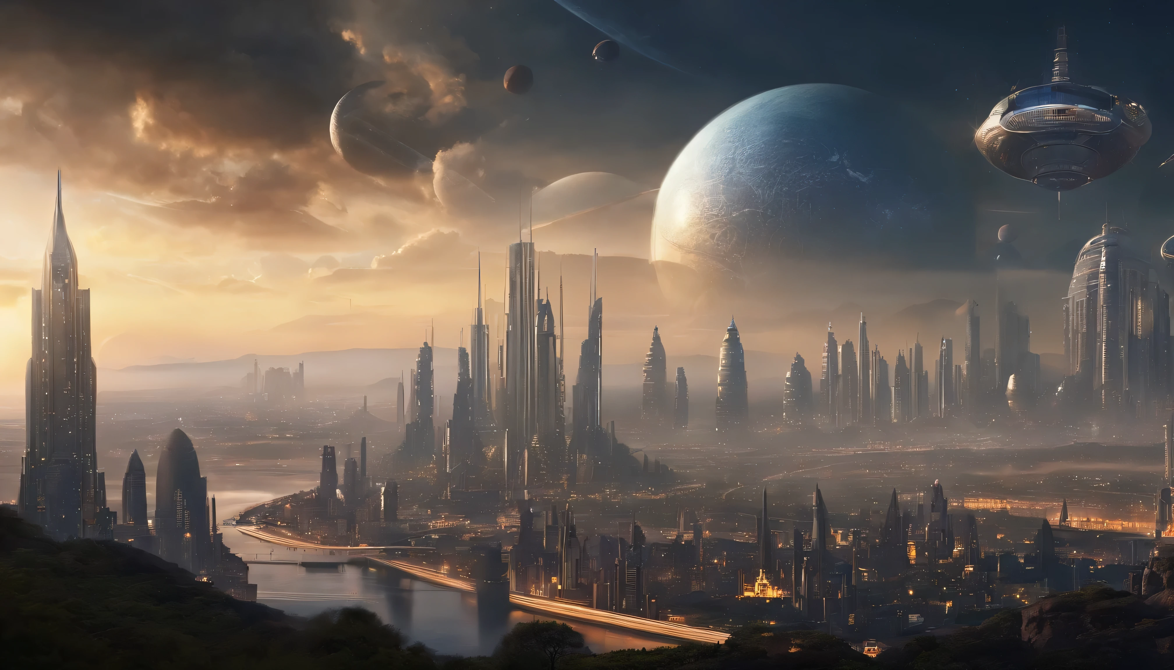 Space City、Future City、alien、Floating in space、cyber punk、A row of skyscrapers、Space Station、highest quality、masterpiece、24century、dream、Utopian、Earth、The world of dreams、Fantasy、𝓡𝓸𝓶𝓪𝓷𝓽𝓲𝓬、Beautiful City