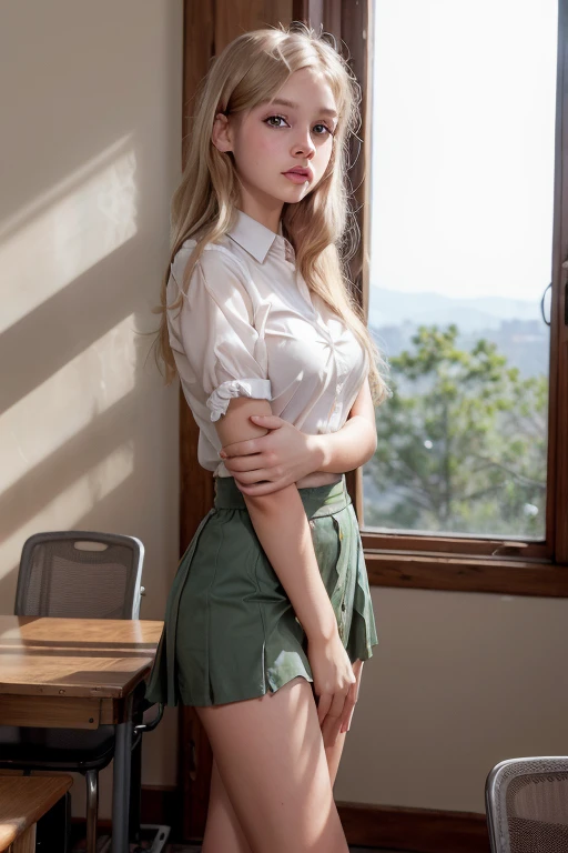 s1enna with long blonde hair, wearing a , shirt and pleated skirt, in a classroom,
(masterpiece, best quality, high quality), hyperdetailed, highres, high detail, intricate detail, HDR, 8k, sharp focus, detailed background, perfect hands, realistic eyes, detailed skin texture, (blush:0.5), (goosebumps:0.5), subsurface scattering,
