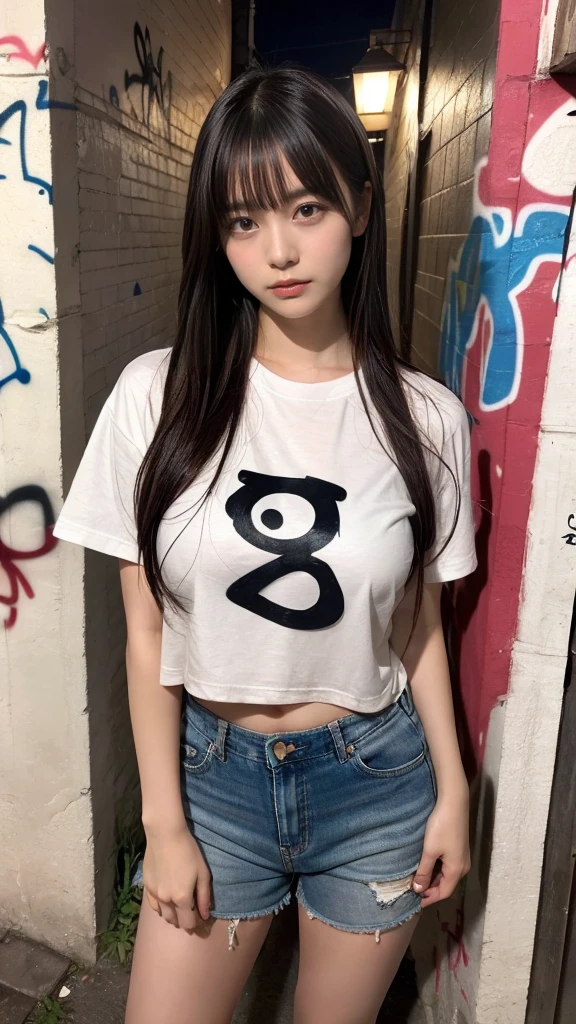 muster piece, best quality, illustration, Super detailed, fine details, High resolution, 8K,wall paper, perfect dynamic composition,(Details High quality, realistic depiction of eyes:1.3), (Japanese age girl standing in a dirty back alley at night, graffitied wall:1.1), (wearing a tattered and dirty t-shirt.:1.1), Wearing baggy pants, dirty body, black hair color, Big Natural Color Lip, seductive face, provocative look, crying a little、cold gaze, Harajuku style、(graffiti), night time, 20 year old girl、cute type、loliGravure Idol, full body photo、focus on crotch, (huge breasts)
