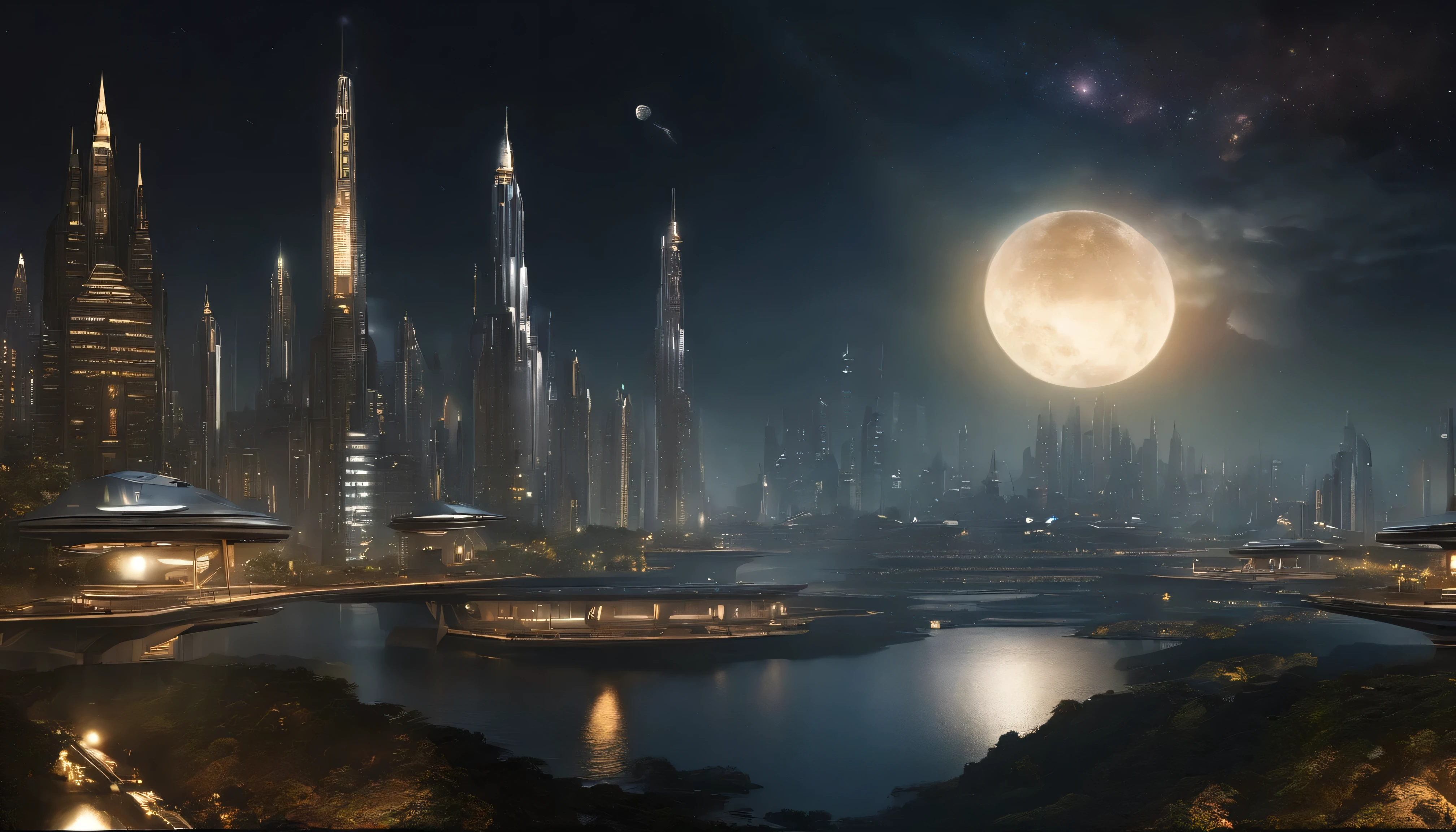 Space City、Future City、alien、Floating in space、cyber punk、A row of skyscrapers、Space Station、highest quality、masterpiece、24century、dream、Utopian、Earth、The world of dreams、Fantasy、𝓡𝓸𝓶𝓪𝓷𝓽𝓲𝓬、Beautiful City