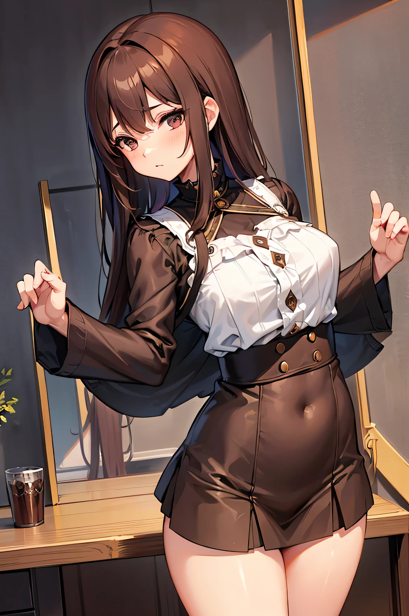 Brown_long_hair, 1girl, hair_over_one_eye, blush_on_cheeks, excited, embarased, ashamed, shy, turned_on, closed_mouth, black_choker, red_shoulder-length_shirt , open_shoulders!! open_breasts!!.tiny_blue_skirt, white_transparent_panties, visible_panties, perfect_quality, perfect_high_resolution, massive_sexy_breasts, thick_thighs, filthy_mind, best noise removal, pussy peek
