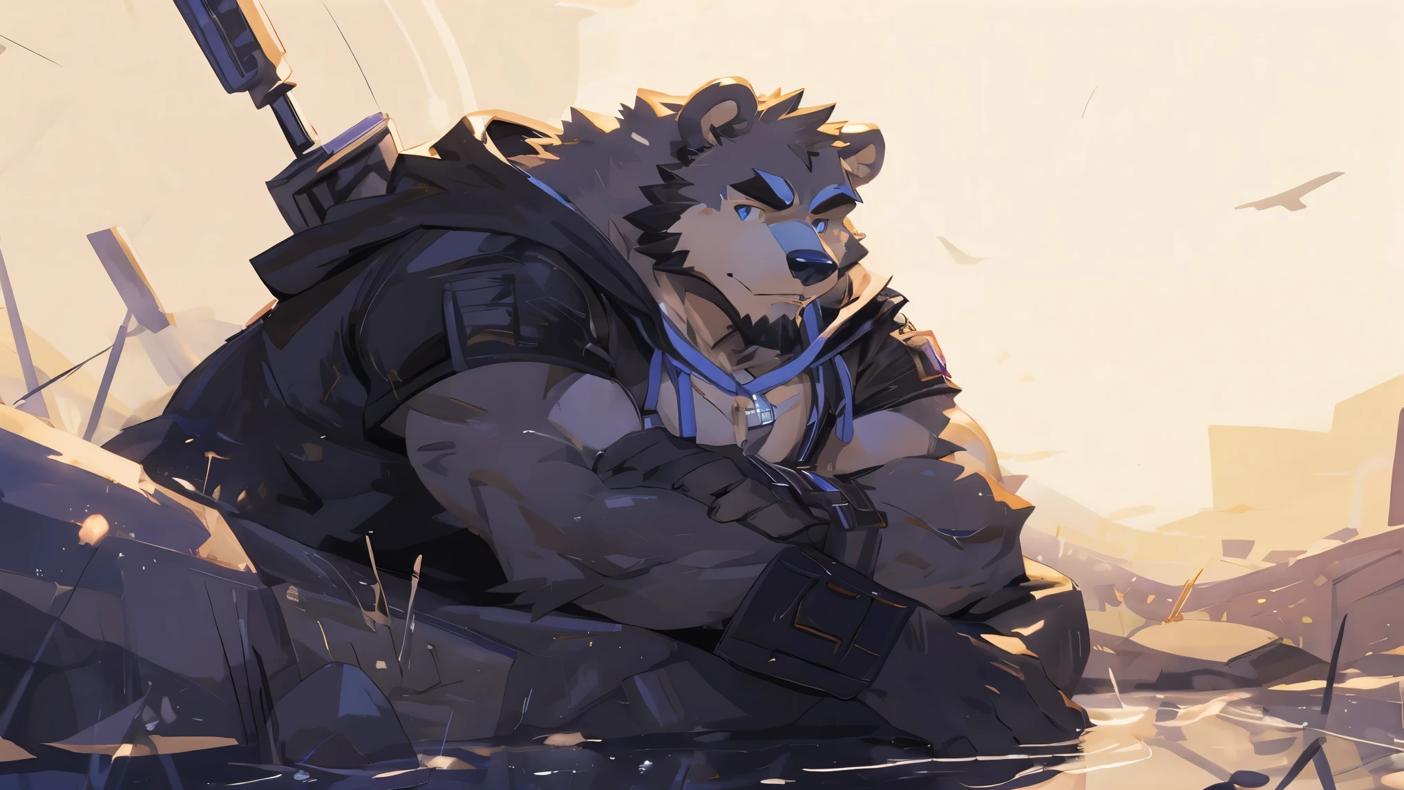  (masterpiece:1.2), best quality,PIXIV,official art,(ray tracing,cinematic lighting),cloudy_sky,(1_male:1.3), solo, anthro, (muscle), (Grey fur:1.4), (muscular bear), (bear tail), (beard:1.2), midjourney, thick eyebrow, (white background :1.3), black tank top, open hoodie, cargo shorts, boots , Salar de Uyuni ,rainy ,reflection