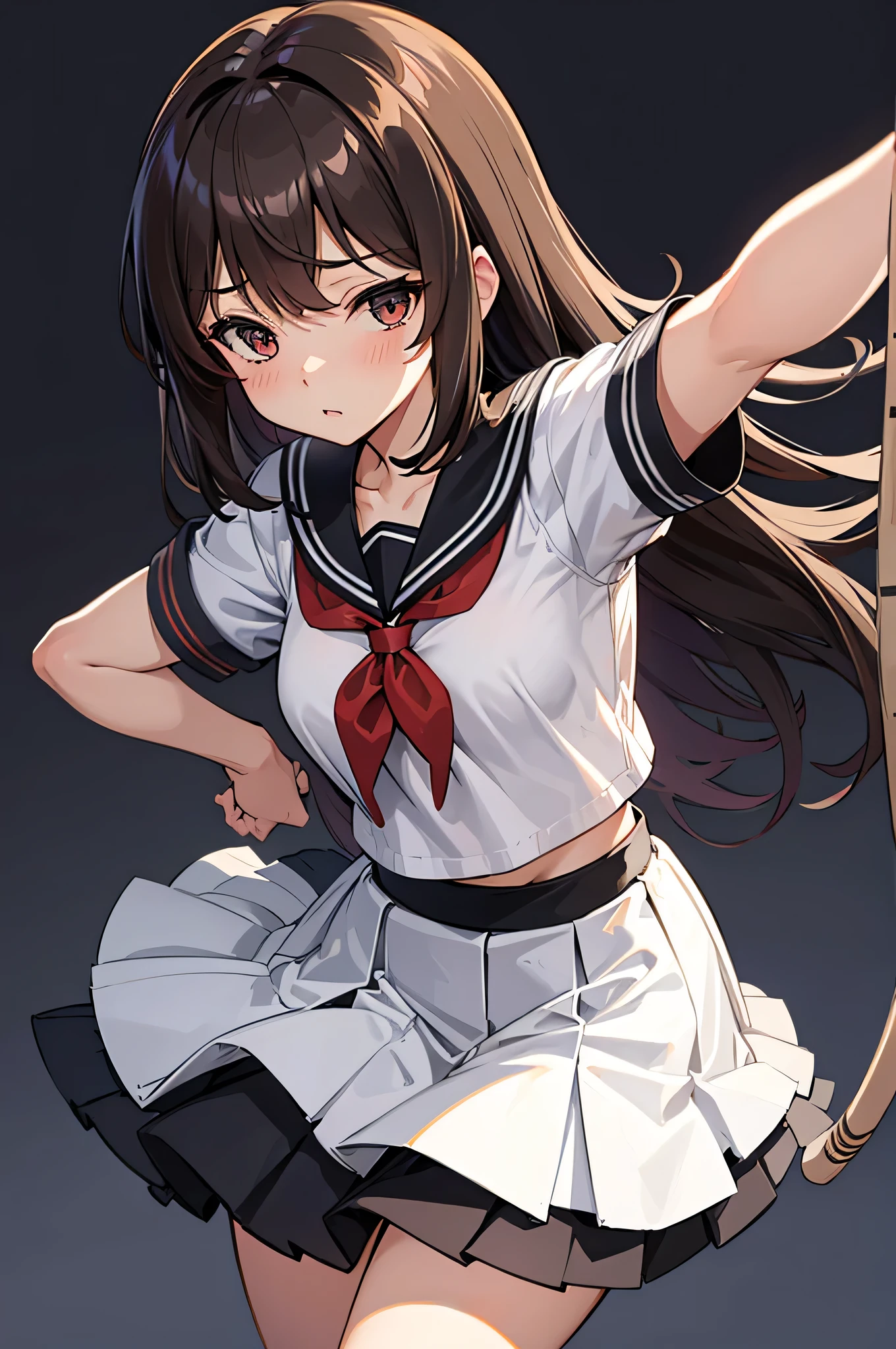 an anime character with long brown tresses and a short skirt in sailor open outfit, holding a bow and arrow, 1girl, solo, lift skirt, sexy very short school uniform, sexy short serafuku, firm medium breasts, long hair, black hair, cowboy skirt, looking at viewer, white background, simple background, black serafuku, pleated skirt, blush, random low angle, uncensored, 70% nude, nsfw, all intricate details