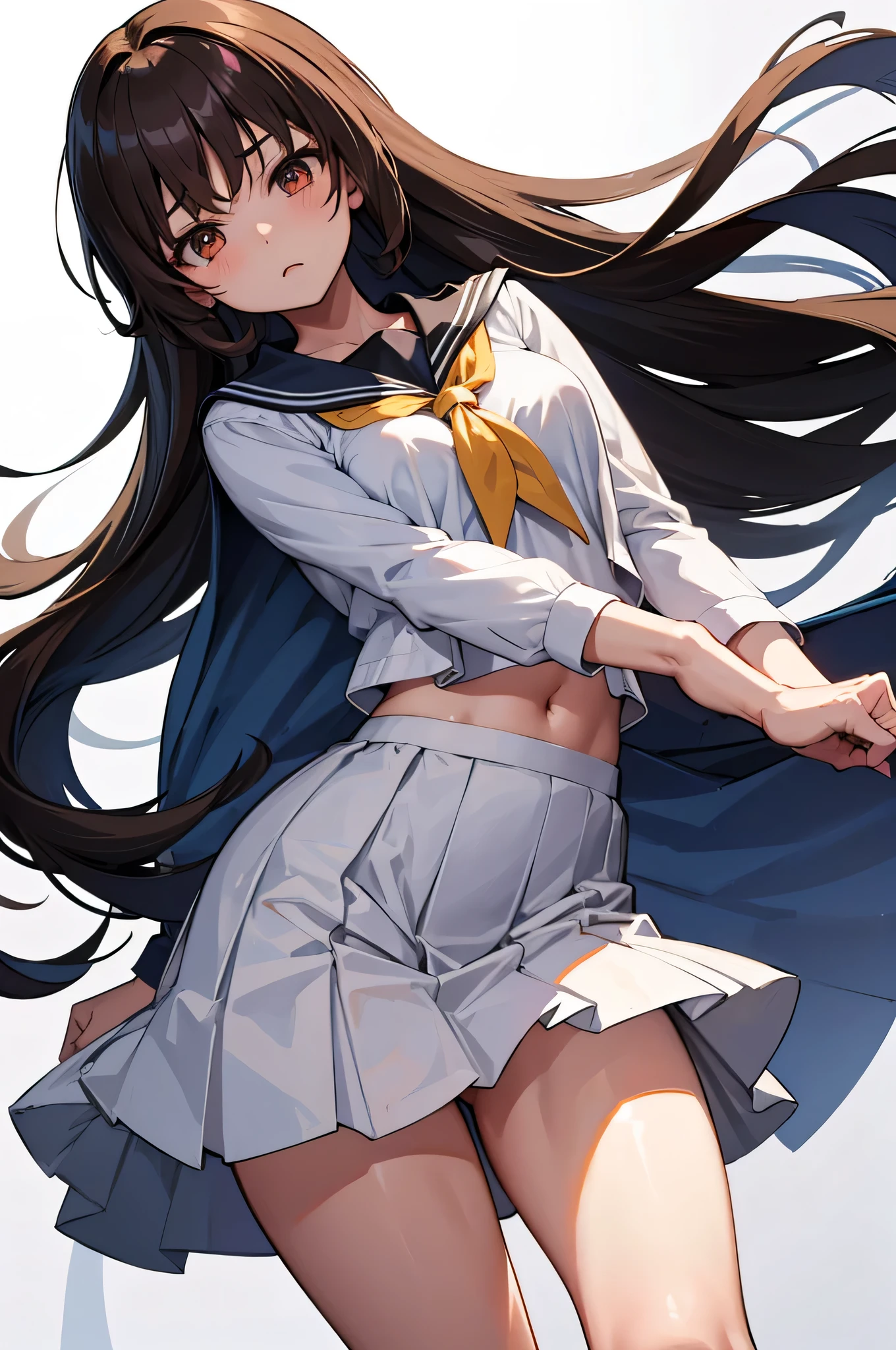 an anime character with long brown tresses and a short skirt in sailor open outfit, holding a bow and arrow, 1girl, solo, lift skirt, sexy very short school uniform, sexy short serafuku, firm medium breasts, long hair, black hair, cowboy skirt, looking at viewer, white background, simple background, black serafuku, pleated skirt, blush, random low angle, uncensored, 70% nude, nsfw, all intricate details
