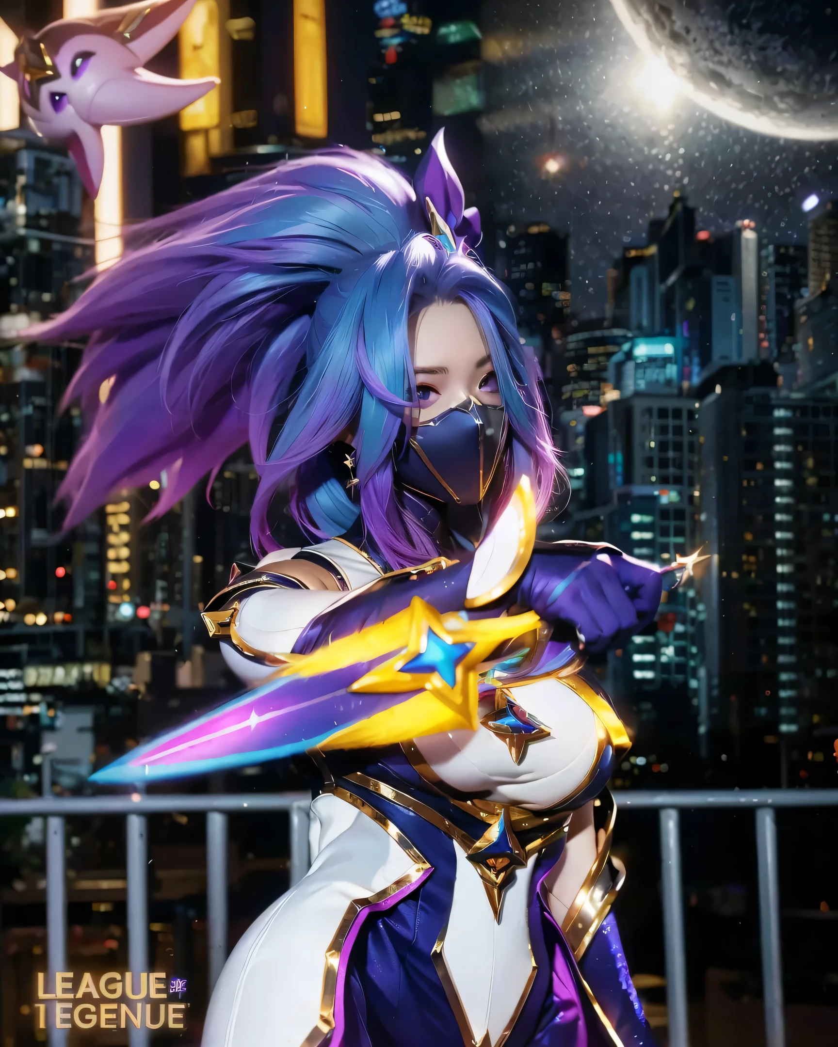 (STAR GUARDIAN_AKALI_LEAGUE OF LEG ENDS),((realistic, photorealistic)),(highlight hair)), Light reflection, (( HD )),((upper body)), (((best quality, masterpiece))), (masterpiece) (best quality) (detail) (8k) (HDR) (wallpaper) (cinematic lighting) (sharp focuasterpiece, best quality: 1.1), Real life adaption of this character, Asian teen beauty face, Shining Purple eyes, realistic outfit, realistic shadow, realistic light, realism, hyper realistic, realistic background,Purple mask on the mouth,(photorealistic:1.2), 1girl,Night city Background, city buildings, glittering night, cyberpunk,glow effect,Blur of night city buildings,night moon,