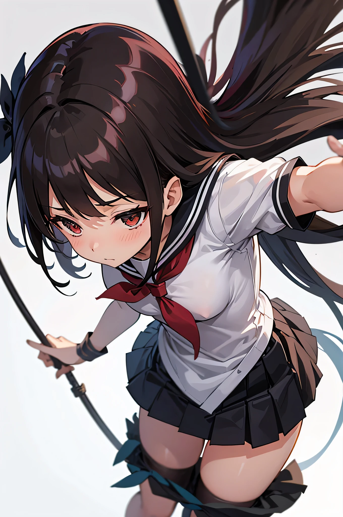 an anime character with long brown tresses and a short skirt in sailor open outfit, holding a bow and arrow, 1girl, solo, lift skirt, sexy very short school uniform, sexy short serafuku, firm medium breasts, long hair, black hair, cowboy skirt, looking at viewer, white background, simple background, black serafuku, pleated skirt, blush, random low angle, uncensored, 70% nude, nsfw, all intricate details