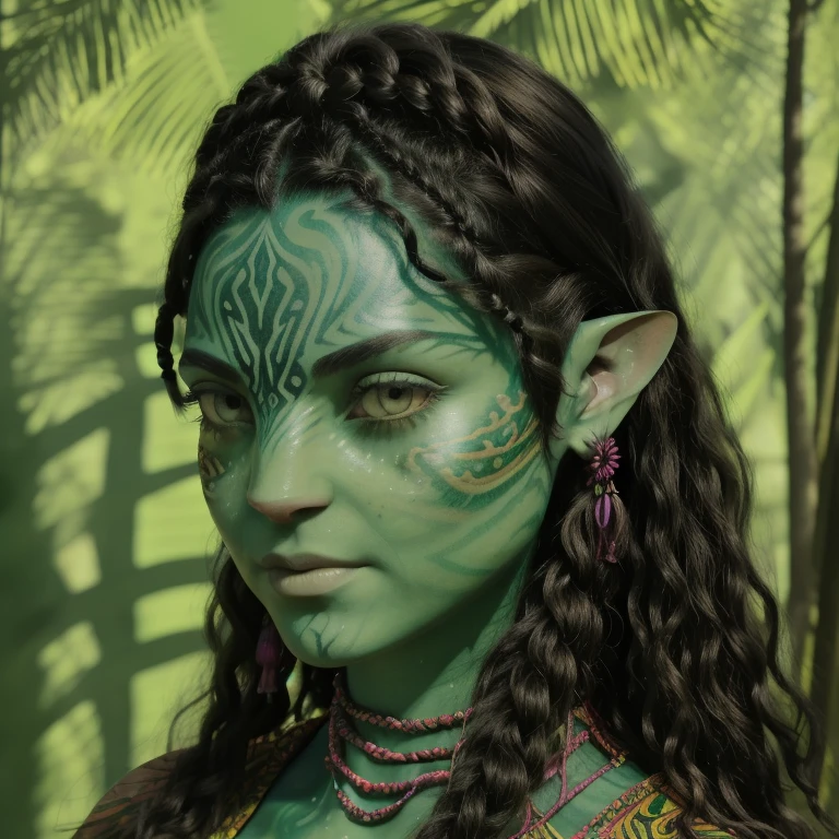 avatar style, (face portrait:1.6), naavi, 1girl, female, (silver eyes), (big eyes), ((eyebrowless)), pointy ears, (forest green skin tone:1.0), (curly hair:1.0), black hair color, ((braid)), ((hair with bangs)), (young adult), 18 years old, face wrinkles, wearing colorful tribal clothing, (wearing tribal acessories), detailed eyes, toned body, muscled body, vibrant colors, glowing, ethereal atmosphere, surrealistic dreamy lighting, textured skin, otherworldly beauty, mesmerizing photography, (best quality, highres), vivid colors, ultrarealistic, skin details, striped skin, sfw, face close-up:0.5, ultradetailed body, ((green skin)), ((m41s4)), Brazilian Native