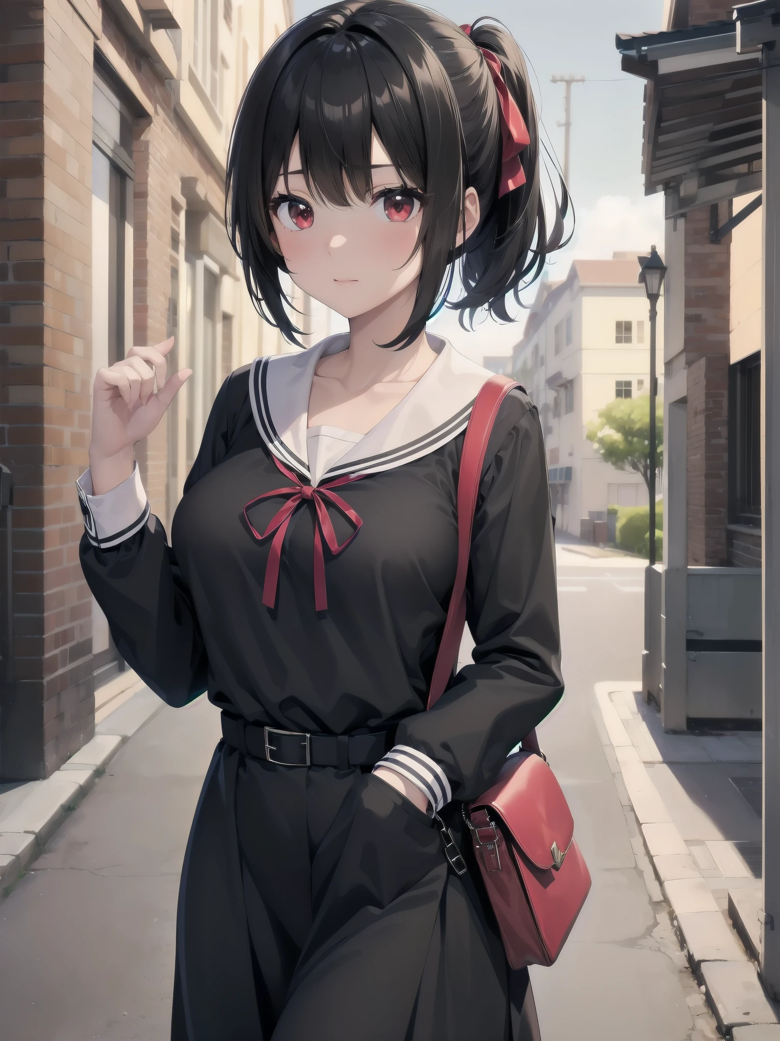 Masterpiece, top quality, super detailed, 16k, One girl, spring, high school, warm colors, school bag, accurate and highly detailed background, flock of schoolgirls in uniforms of various body shapes and hairstyles, cute. Blake. , red eyes, black hair, ribbon, red ribbon, hair ribbon, parted bangs, folded ponytail, , shuuchiin academy , dress, sidelocks, breasts, black dress, collarbone, short hair, long sleeves