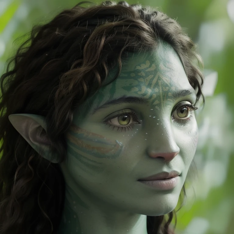 avatar style, (face portrait:1.6), naavi, 1girl, female, (silver eyes), (big eyes), ((eyebrowless)), pointy ears, (forest green skin tone:1.0), (curly hair:1.0), black hair color, (()), ((hair with bangs)), (young adult), 18 years old, face wrinkles, wearing colorful tribal clothing, (wearing tribal acessories), detailed eyes, toned body, muscled body, vibrant colors, glowing, ethereal atmosphere, surrealistic dreamy lighting, textured skin, otherworldly beauty, mesmerizing photography, (best quality, highres), vivid colors, ultrarealistic, skin details, striped skin, sfw, face close-up:0.5, ultradetailed body, ((green skin)), ((photo of cam woman)), Brazilian Native