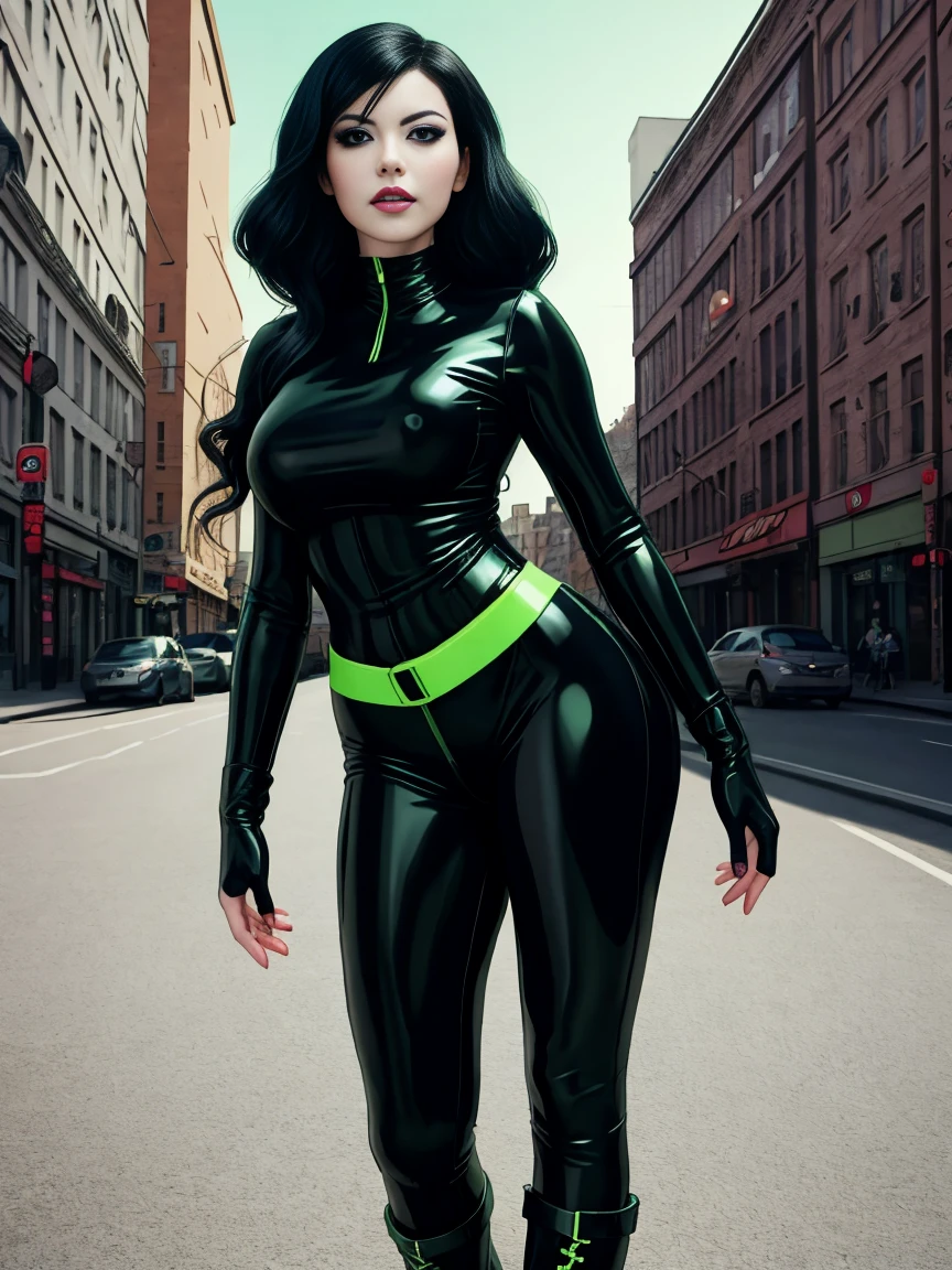 [ Shego], grey skin with green tinge, [,black hair,] sexy, green and black latex, high heel boots, toned, midriff, standing, looking at viewer, [city lught,],4k,sharp image,detailed