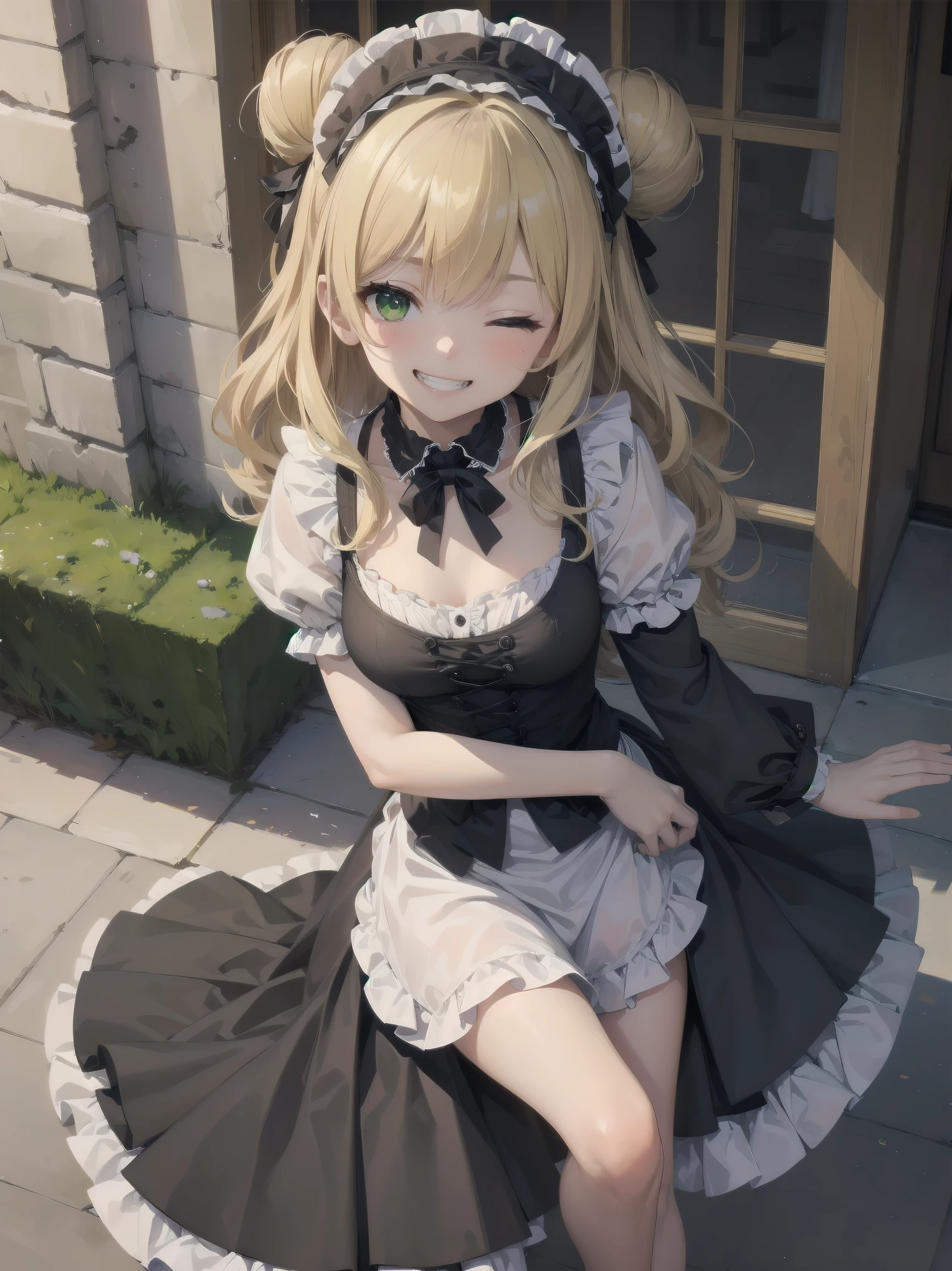 Masterpiece, Top Quality, One Girl, Solo, (Masterpiece: 1.2), (Top Quality: 1.2), Perfect eyes, perfect face, perfect lighting, sunlight, outdoors, marquis mansion, one girl, blonde hair, yellow-green eyes, one eye closed, (((wavy hair))), bun head, medium hair, ((gothic maid)), Cute eyes, closed mouth, ((from above)), ((front)), ((open legs)), ((grin)), cute pose.