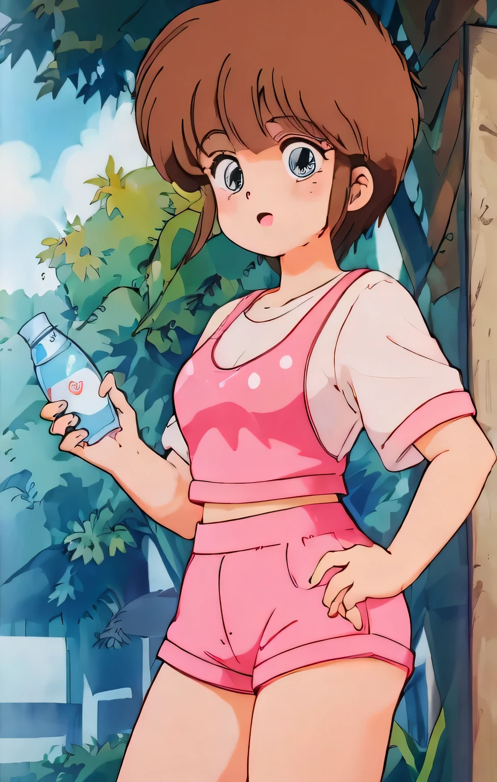 1 girl, hiyama hikaru, ,pink Crop top, white tight shorts,soaked in sweat,sweaty,  heavy breathing,red face,curvy body, standing in supermarket and holding water bottle