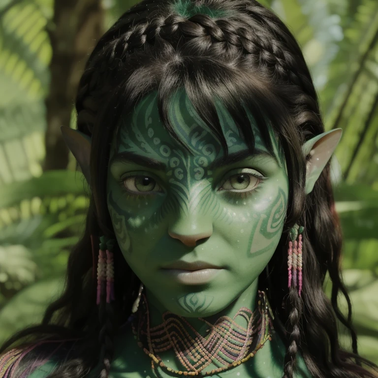 avatar style, (face portrait:1.6), naavi, 1girl, female, (silver eyes), (big eyes), ((eyebrowless)), pointy ears, (forest green skin tone:1.0), (curly hair:1.0), black hair color, ((braid)), ((hair with bangs)), (young adult), 18 years old, face wrinkles, wearing colorful tribal clothing, (wearing tribal acessories), detailed eyes, toned body, muscled body, vibrant colors, glowing, ethereal atmosphere, surrealistic dreamy lighting, textured skin, otherworldly beauty, mesmerizing photography, (best quality, highres), vivid colors, ultrarealistic, skin details, striped skin, sfw, face close-up:0.5, ultradetailed body, ((green skin)), ((m41s4)), Brazilian Native