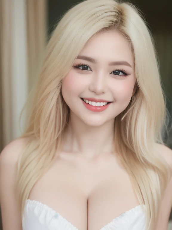 (realistic、masterpiece、Best Quality、8K、highres、high resolution:1.3)、1 girl、 Huge breasts、smile, white bikini、pale white skin、looking at viewers、super fine face and eyes、long blonde hair、indoor、 upper body、
