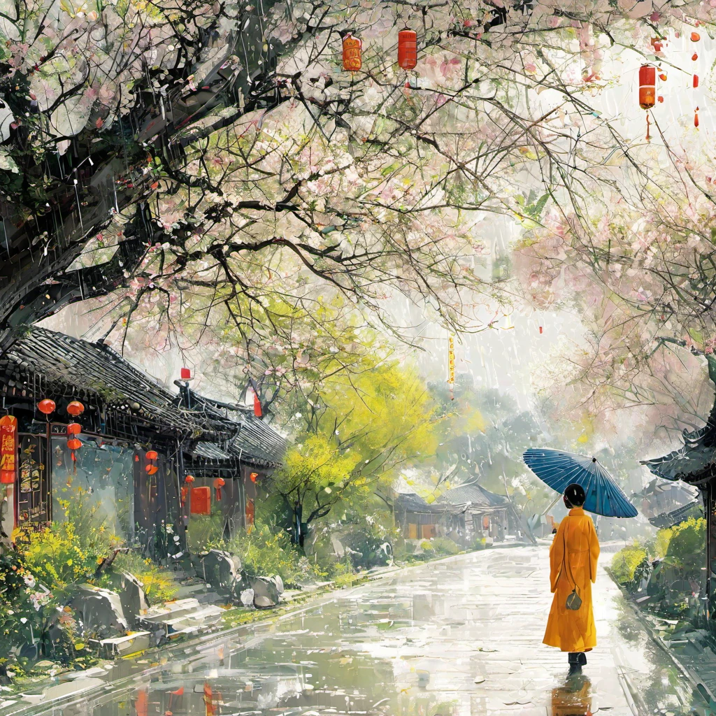 1cgrssh1, 1girl, Cai GuoRUN's illustration style, Rainy Qingming season, Under a willow tree, amidst the rain, points into the distance, indicating the direction to Apricot Blossom Village, close-up, spring is full of freshness, rich details, spring scene, flat design, soft colors, vibrant tones, Chinese traditional painting elements, photorealistic, Minimal composition, High saturation and high contrast, rich light and shadow details, sharp contrast and clean lines