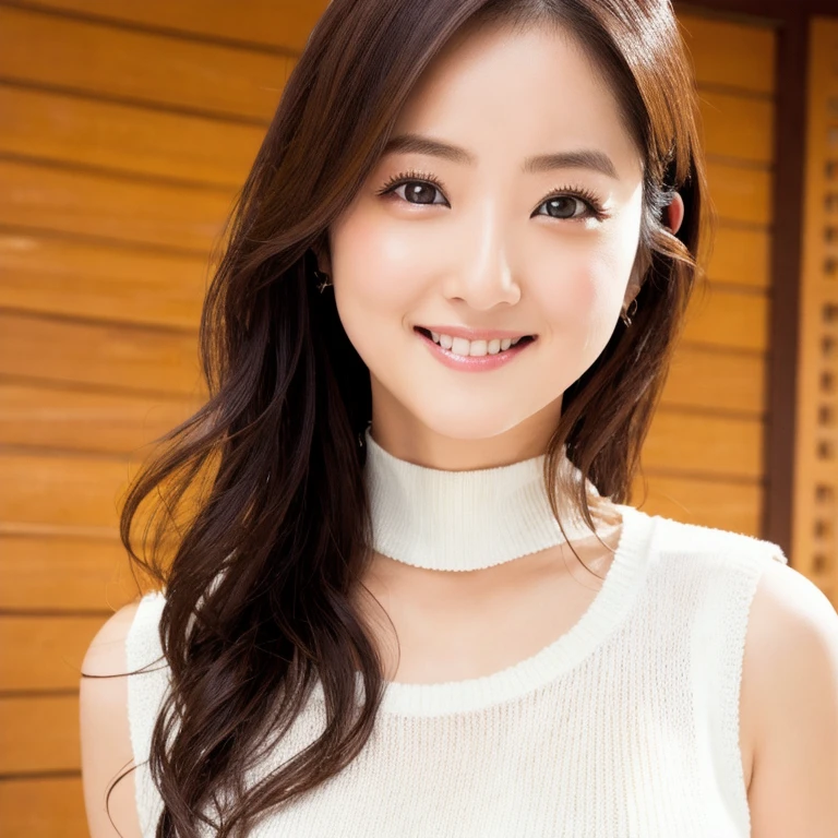 masutepiece, Best Quality, Photorealsitic, finely detail, hight resolution, 8K Wallpapers, Perfect dynamic composition, Beautiful detailed eyes, Medium Hair, large full breasts, Random and sexy poses,Bring your chest together、(Open Chest Mock Neck Crop Tank Top White Knitwear Clear Clave)、(Breast bulge 1.2)、A smile、open open mouth、Resort scenery、25-years old、(Drooping eyes 1.4)、Adult beauty、japanes
