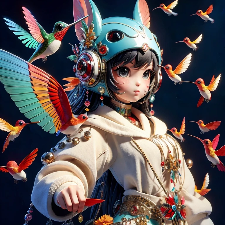 (masterpiece, best quality:1.2), 1girl, 1 fish, 4 hummingbirds, solo