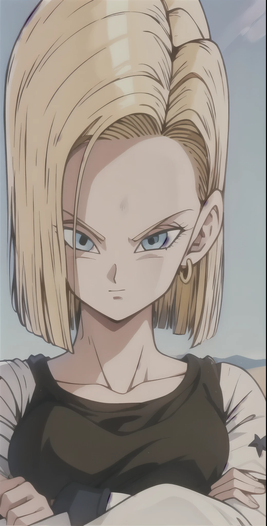 fonte_anime, punctuation_9, punctuation_8_acima, punctuation_7_acima, captura de tela de anime, rosto detalhado, android 18, classic appearance, 1 garota, Sozinho, olhando para o espectador, cabelo curto, olhos azuis, cabelo loiro, clavicle, standing, arms at side, Nervoso, tiro de vaqueiro, fogo, smoke, cidade arruinada, Cabelo molhado, chuva, camisa rasgada, unique shoulder nu, brincos de argola, camisa preta, mangas listradas, cinto, saia jeans, black pantyhose, Messy hair,