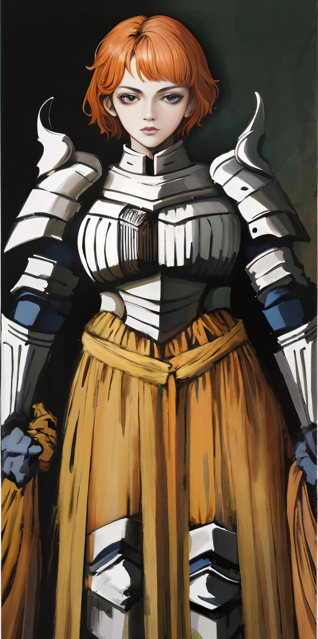 funger, very detailed illustration, 1girl, big breasts, high res high quality, masterpiece, looking at viewer, (knight), orange hair, absurdness, ultra-detailed, short hair