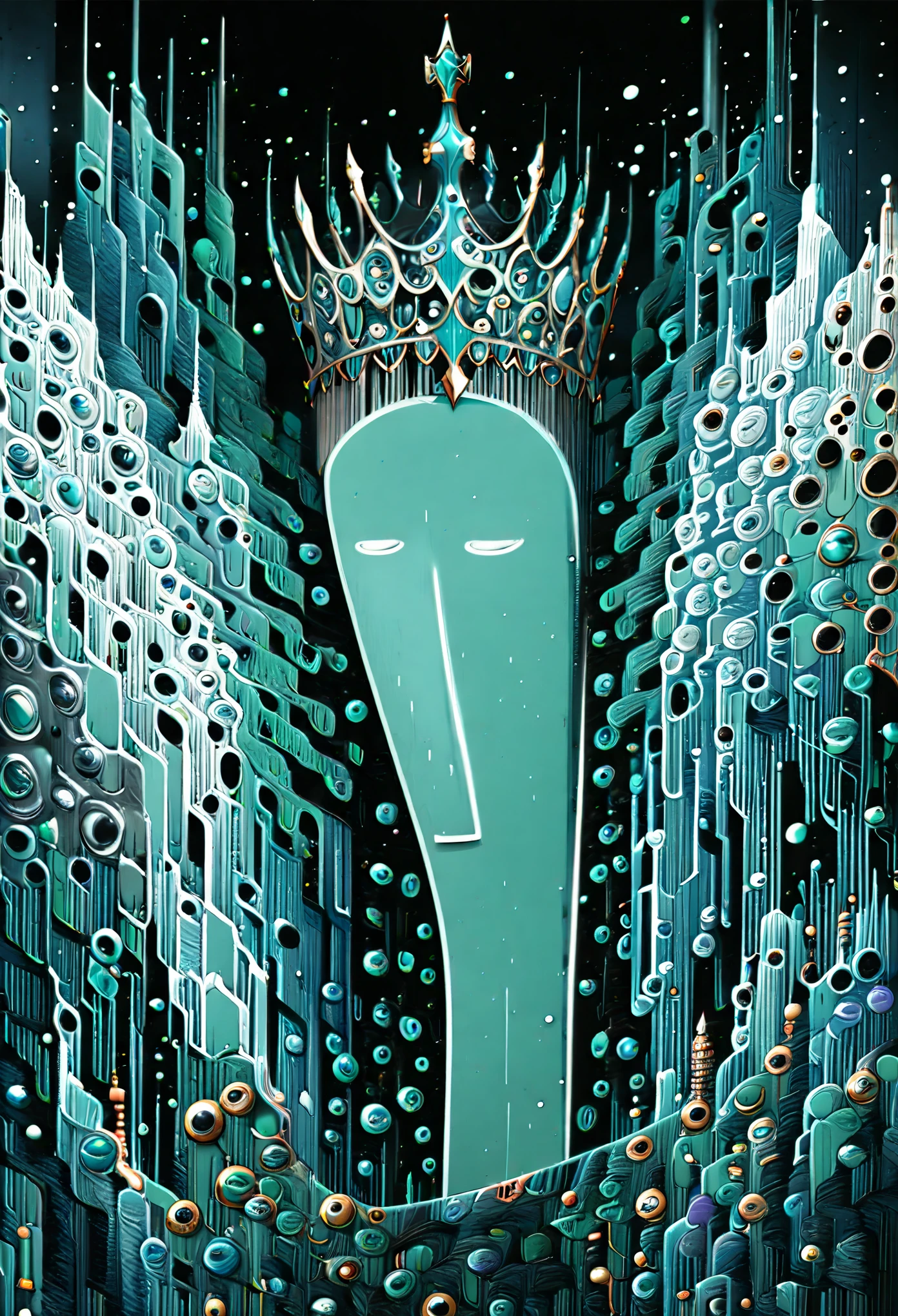 (in style of Jean Jullien:1.7),(Mysterious landscape),[There is a lot of suspense],fantasy,dark,Dark,atmosphere,Dark,(Magical stone showing modern technology model),(Demon Crown:1.3),(A heavy sword with a dangerous aura:1.2),(Transformed by future technology:1.2),(steelblue palette:1.2),(Fractal Art:0.9),