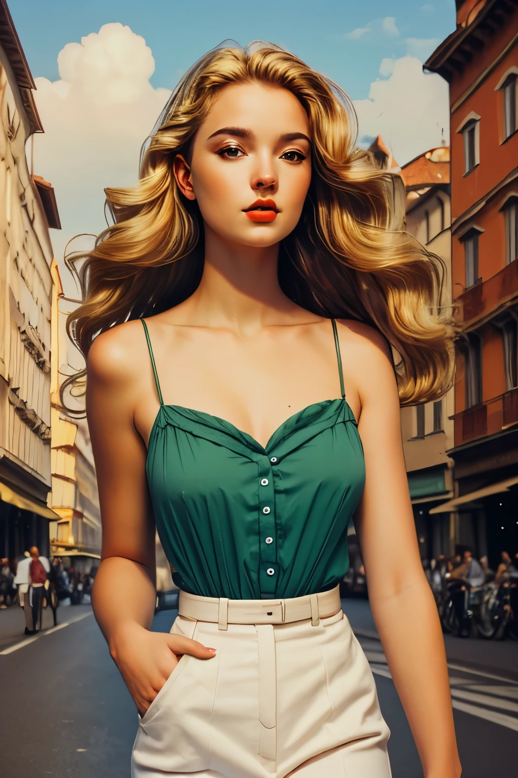 Blond hair, beautiful features, Italian, swiss, German young woman, walking down a boulevard.