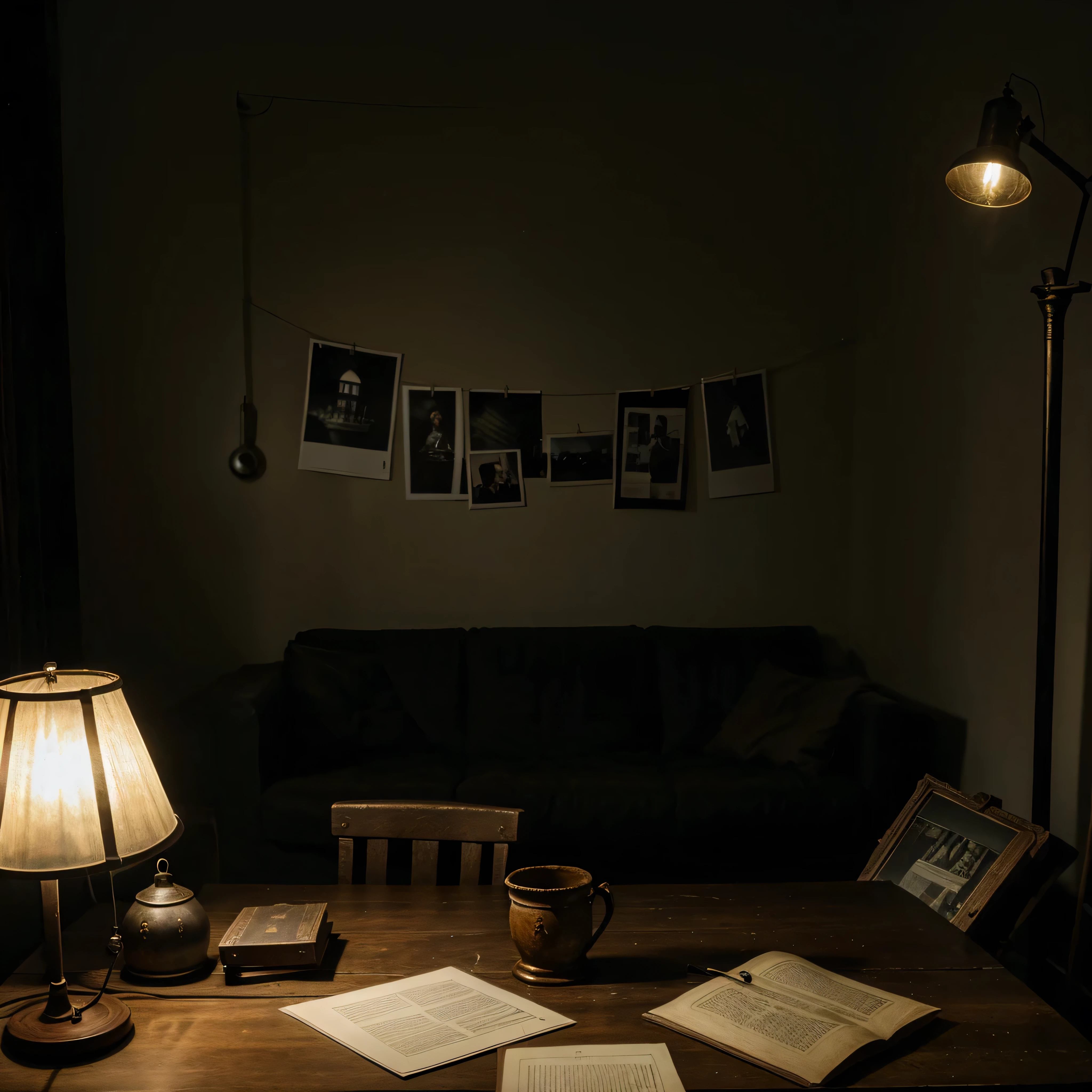 A dark and gloomy room with a table being lit by a lamp where on the table there are documents and photos of a gloomy village 