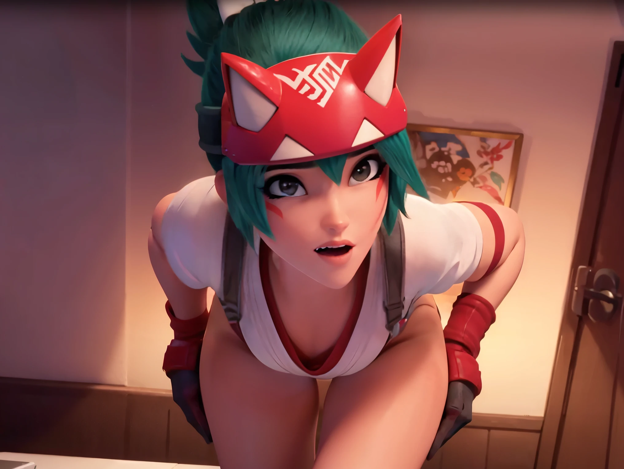  (owkiriko), kiriko \(overwatch\), green hair:0.7, red fox helmet, red sneakers, outside, blushing, underwear, lingerie, ass, tits, nsfw, bending over, sexy, bra