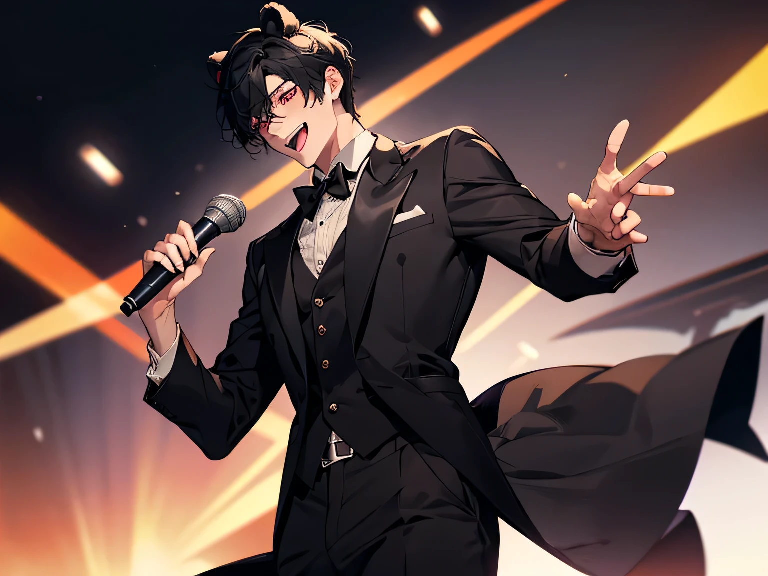 1 male, teacher, wearing a black suit, red bowtie, black pants, handsome, black hair, short hair, Bear ears, red eyes, face to detail, detailed eyes, the background is a pizzeria, Holding a microphone, laughing