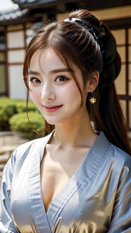 UHD, Extreme close-up of cute Korean female,Chest size 32 inches, ponytail, gray eyes, slightly smile, wearing silver and gold kimono standalone in Japanese castle, wearing mouth mask, blurred background