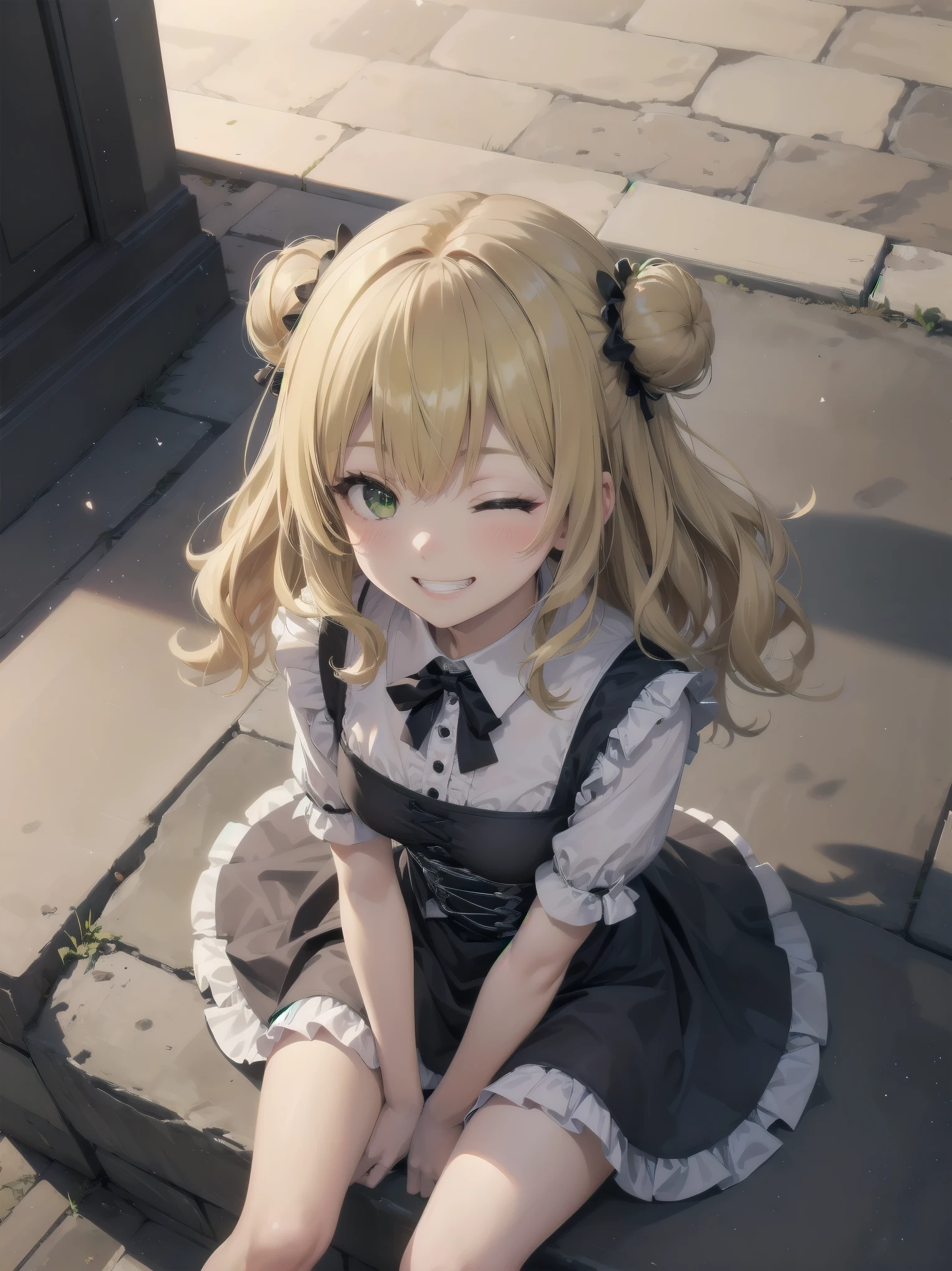 Masterpiece, Top Quality, One Girl, Solo, (Masterpiece: 1.2), (Top Quality: 1.2), Perfect eyes, perfect face, perfect lighting, sunlight, outdoors, marquis mansion, one girl, blonde hair, yellow-green eyes, one eye closed, (((wavy hair))), bun head, medium hair, ((gothic maid)), Cute eyes, closed mouth, ((from above)), ((front)), ((open legs)), ((grin)), cute pose.