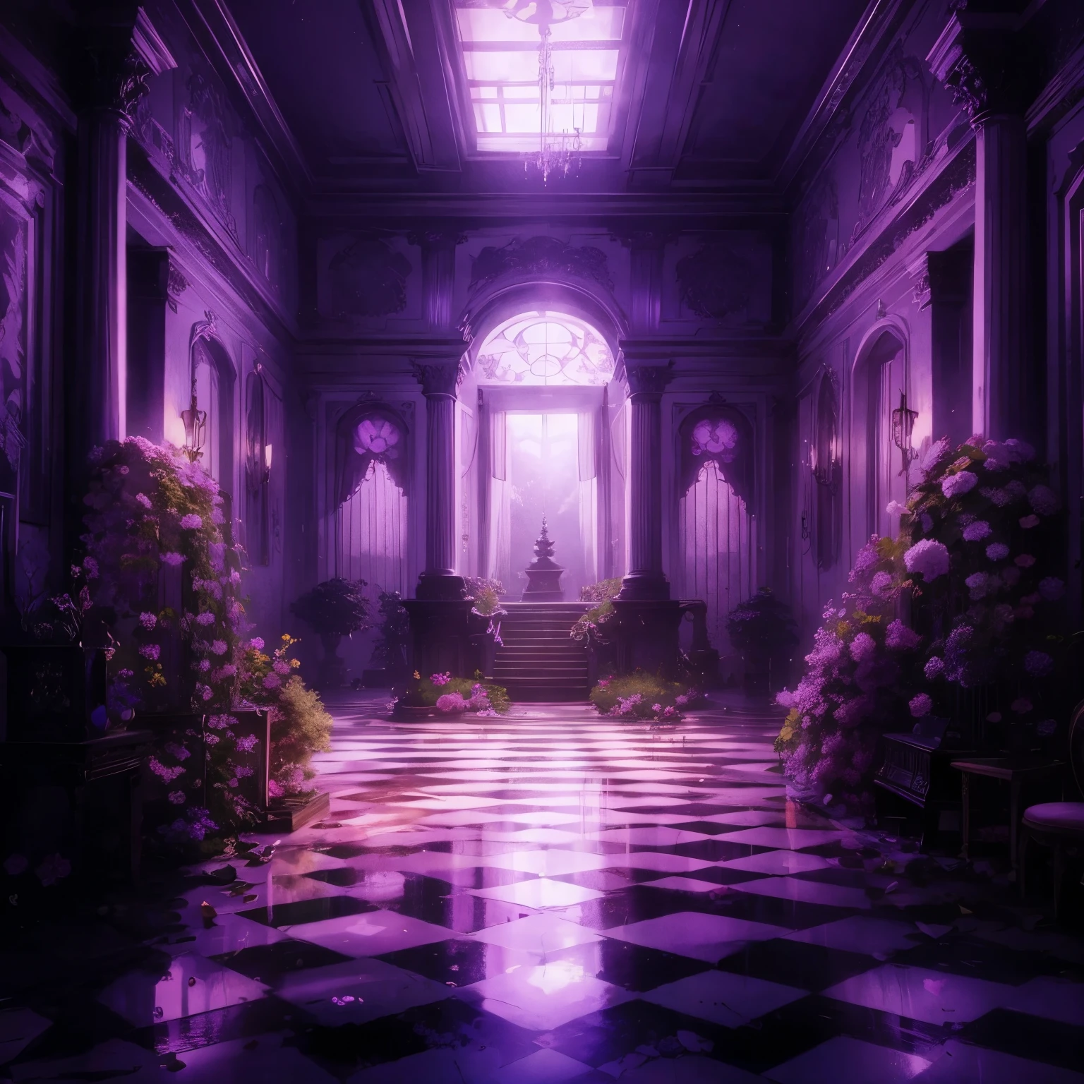 blooming mansion interior, ominous purple shades, Anime, background
