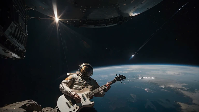 an astronaut floats in outer space and plays rock on a rock guitar, planet Earth in the background