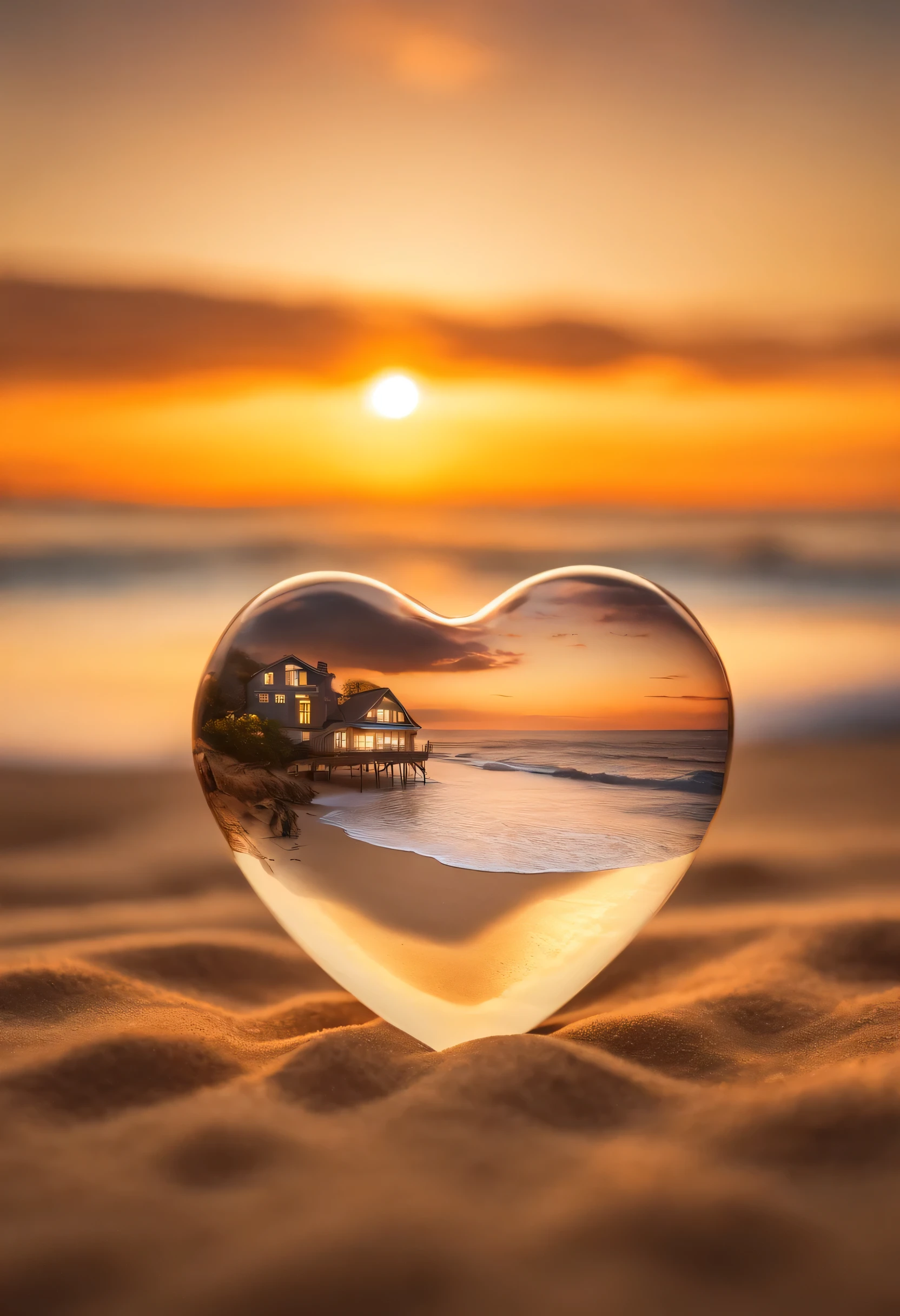 Glass heart double exposure on surfboard beta ra, Soak up the soft and romantic atmosphere. Create vivid effects using double exposure techniques, dynamic picture. Inside the glass heart, Imagine a beautiful summer landscape,In a vibrant summer sunset,There is a picturesque summer cottage in front of the beach,The waves lapping against the sand, All produced using Tilt-Shift photography technology, 3D effects and sharp contrasts. around the glass heart, The atmosphere should resonate with love and romance, Soft tones and warm lighting create a charming and inviting environment. Ensure that the autumn landscape and charming cottage within the glass heart have a vivid and detailed appearance, Create a quiet and romantic environment,Blending with the gentle and romantic environment.
Necessary for this purpose: alchemy, Hint Magic V3, PhotoReal 或 DreamShaperV7