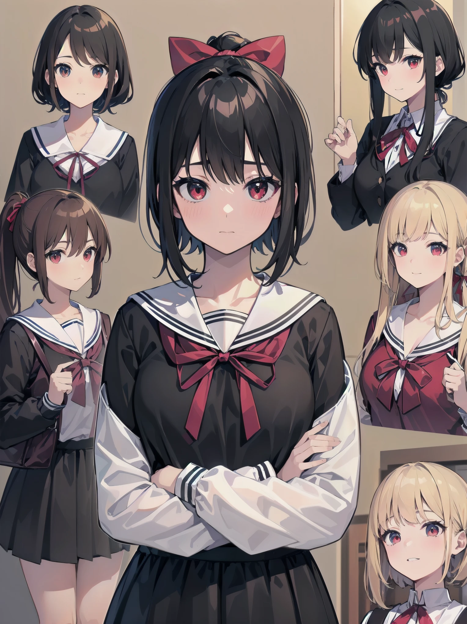 Masterpiece, top quality, super detailed, 16k, One girl, spring, high school, warm colors, school bag, accurate and highly detailed background, flock of schoolgirls in uniforms of various body shapes and hairstyles, cute. Blake. , red eyes, black hair, ribbon, red ribbon, hair ribbon, parted bangs, folded ponytail, , shuuchiin academy , dress, sidelocks, breasts, black dress, collarbone, short hair, long sleeves
