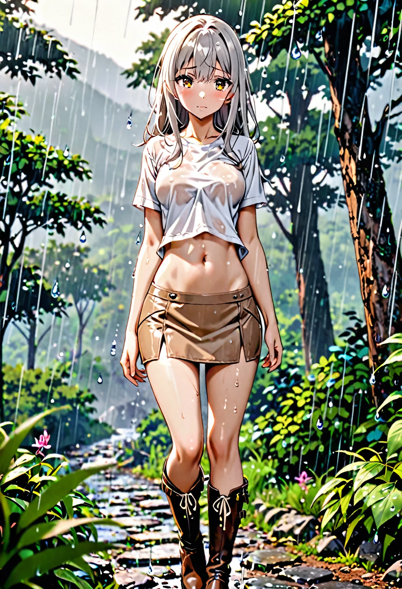cowboy shot,1 female,The perfect 25 years old,((ideal ratio body proportions,small head:1.7)),tan skin,((high quality anime, 8k,masterpiece,Perfect Anatomy)),(beautiful detailed face and eyes,gorgeous eye:1.3,Almond Eyes),brown eyes,  BREAK   ,(silver hair),Straight long hair,bangs,  BREAK  ,blush,sad,medium breasts,slender body,skinny,wet, BREAK  ,(Raindrops、beige mini skirt,A plain off-white cotton shirt、navel)、Simple leather boots、　 BREAK   ,Walking along mountain paths、Lush trees、heavy rain、raasy World、