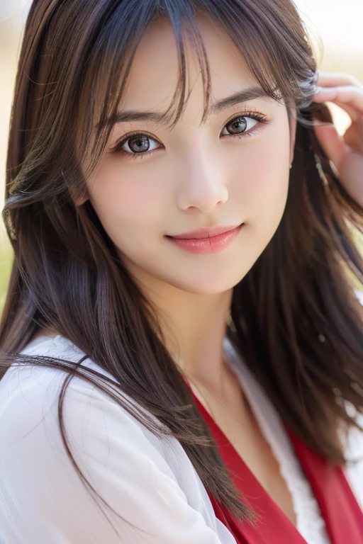 (((8ｋ,Attention to detail,Attention to detail、highest quality，masterpiece,Attention to detail,alone))),RAW Photos & Realistic atmosphere,beautiful黒い瞳,Mouth Details,Glossy Lips,Thin eyebrows,beautiful Eyes、Soft white skin that shines in every detail、彼女の深い黒色の目はとてもbeautifulです,Lip details、とてもbeautiful顔,とてもbeautiful顔、Lively Faces,beautiful, Glowing Lips,beautiful Eyebrows,Infinite Reality, Realistic Young Gravure Idol,Very cute woman , Young Gravure Idol, Young Gravure Idol, とても美しくてかわいいbeautiful 21 year old 美女,Incredibly beautiful and elegant，beautiful 21 year old 美女,Natural soft light,（Shiny Hair,,beautiful and kind eyes：1.5）,A kind smile,Shapely breasts,Medium Long Hair,Tying up hair,beautiful posture,No makeup,Watching the Future,Red Shirt，