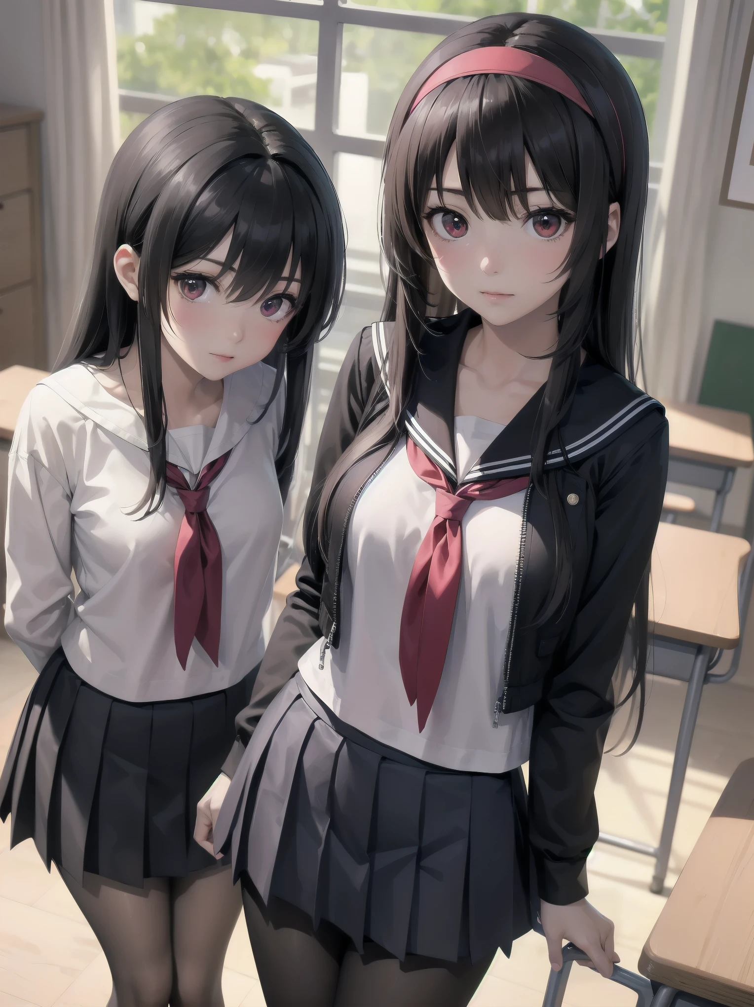 an anime girl standing in an empty room with a phone to her ear, 1girl, solo, , pantyhose, skirt, indoors, hairband, long hair, kasumigaoka utaha, looking at viewer, black hair, red eyes, breasts, blush, pleated skirt, black pantyhose, classroom, white hairband, long sleeves, bangs, neckerchief, closed mouth, desk, sailor collar, serafuku