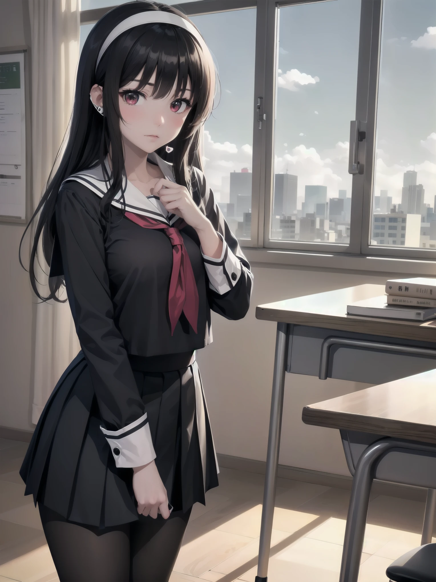 an anime girl standing in an empty room with a phone to her ear, 1girl, solo, , pantyhose, skirt, indoors, hairband, long hair, kasumigaoka utaha, looking at viewer, black hair, red eyes, breasts, blush, pleated skirt, black pantyhose, classroom, white hairband, long sleeves, bangs, neckerchief, closed mouth, desk, sailor collar, serafuku
