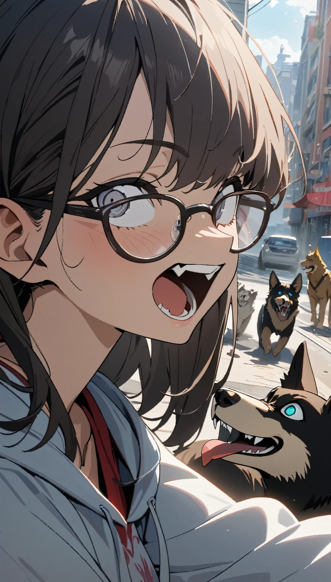 1 girl, beautiful girl, solo, middle hair, dark hair, gray eyes, no highlight in eyes , (Canines, open mouth:1.6), (wearing glasses, sharp eyes, facial profile, looking at viewer:1.4), (hoodie :1.4), crazy smiling eyes, hoodie, city, noon, (masterpiece:1.4), bright, cartoon, anime, masterpiece, ultra detailed, 8k, masterpiece, best quality, rating: general, newest