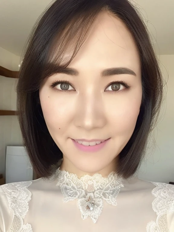 One beautiful woman, high resolution, wallpaper 8K screen, top quality, realistic, super detailed, fine, perfect dynamic composition, (1 Japanese mature woman sitting in front of the dresser and applying makeup), (sit on a round chair: 1.2), (48 years old), ((Realistic skin texture)), (Fine wrinkles throughout the skin: 1.3), (Dull skin: 1.1), (Skin without moisture: 1.2) , (Wrinkles on the face: 0.9), (Wrinkles on the corners of the eyes: 1.2), Double eyelids, tear bags on the lower eyelids, (Crying moles: 0.9), serious gaze, (Dimples: 1.2), sharpness, detailed and beautiful eyes, short hairstyle, thin hair, detailed and realistic skin texture, smile, (see-through lace underwear: 1.3), (transparent thin underwear), slender body shape with small breasts, Focus from the waist up, (whole body portrait: 1.4),