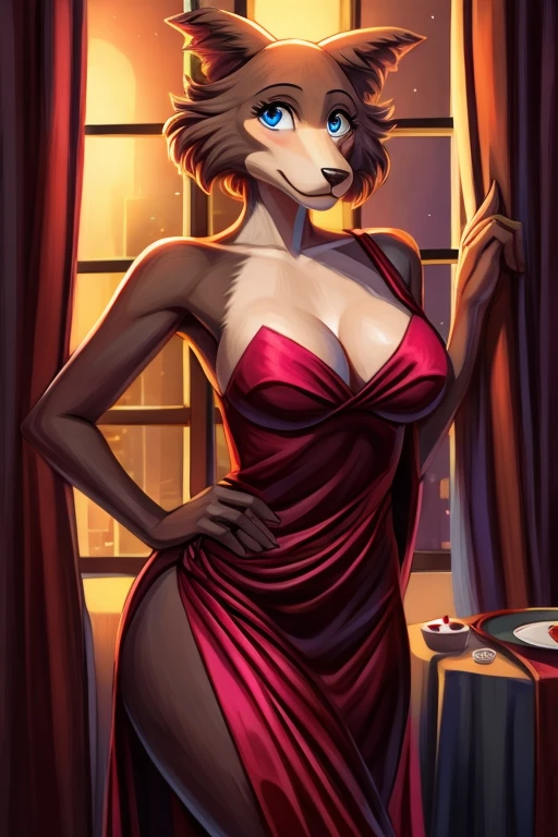 Beastars art style, beastars, Juno, brown wolf, she Wolf, 1girl, furry, long curly brown fur, slim figure, blue eyes, wide hips, Big breasts, party dress, cleavage, night time, New York hotel