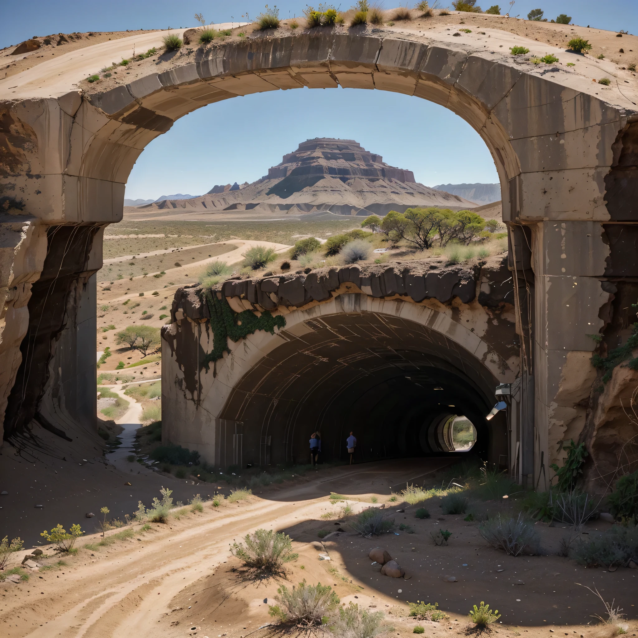 here is your prompt:
"From an aerial view, se observa un cerro majestuoso que se eleva sobre el desierto, its imposing profile contrasting with the arid and endless horizon. At the top of this hill there is a square steel tunnel, a robust structure that extends from the slope to the highest point of the hill.
The tunnel entrance, square and metallic, parece una puerta a otro mundo, mientras que su estructura se integra perfectamente con la roca circundante. But the most surprising thing is what is found above this tunnel: lush vegetation that grows on the top of the hill.
Leafy trees and bushes cling to the ground, its roots sunk in cracks in the rock, while vines and wildflowers intertwine in a tangle of color and life. The vegetation creates a surprising contrast with the metal structure of the tunnel, its freshness and vitality standing out in the midst of the arid landscape that surrounds it.
Para aquellos que contemplan esta vista desde lo alto, The square steel tunnel and the vegetation that crowns it seem a symbol of hope and renewal in the middle of the implacable desert. Es un recordatorio de la capacidad del hombre para fusionar lo artificial con lo natural, y de la belleza que puede surgir cuando lo hace."